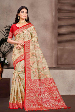 Opulent Beige Floral Zari Motif Weaving Cotton Silk Saree With Elegant Tassel Pallu