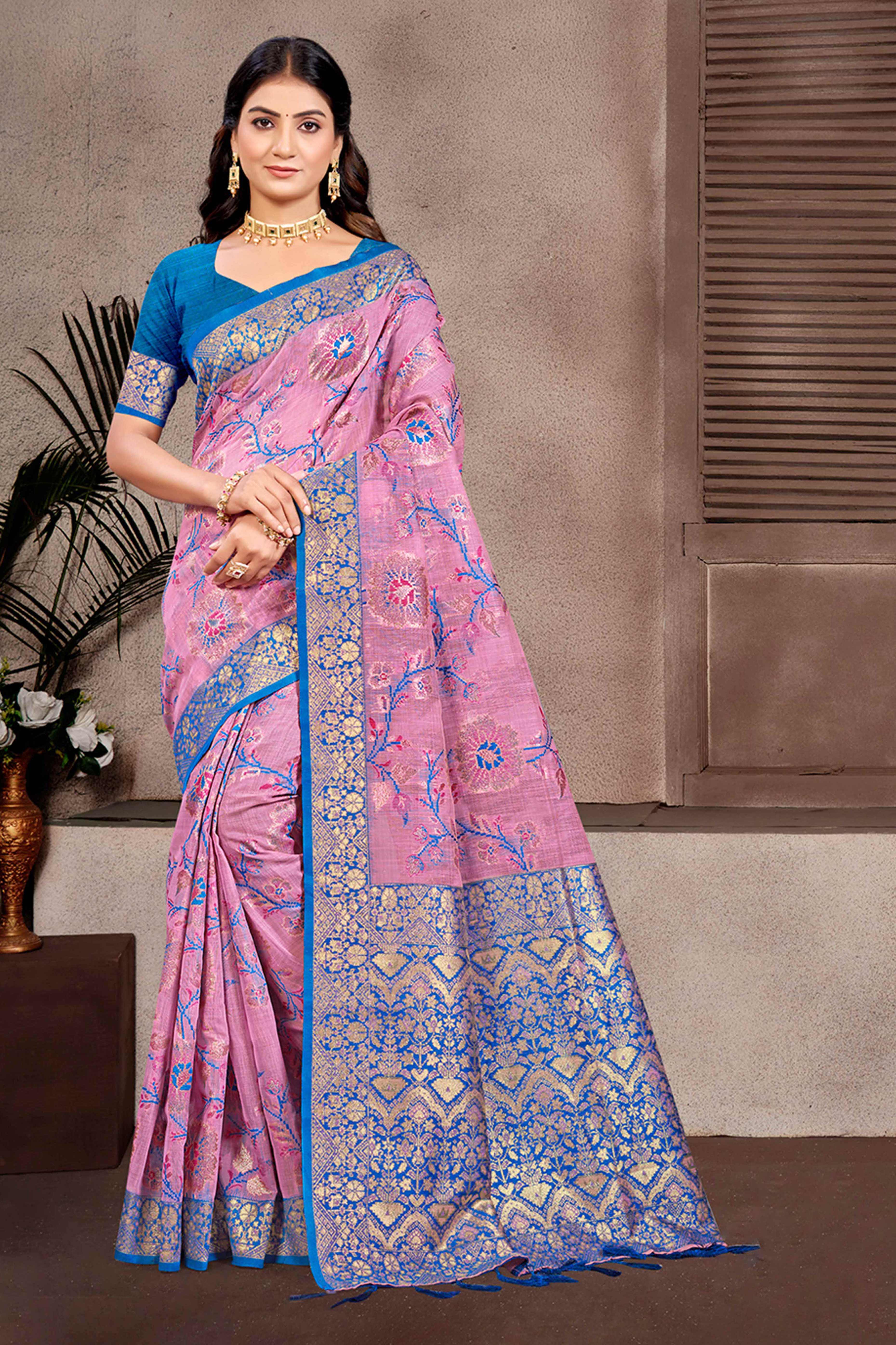 Opulent Pink Floral Zari Motif Weaving Cotton Silk Saree With Elegant Tassel Pallu