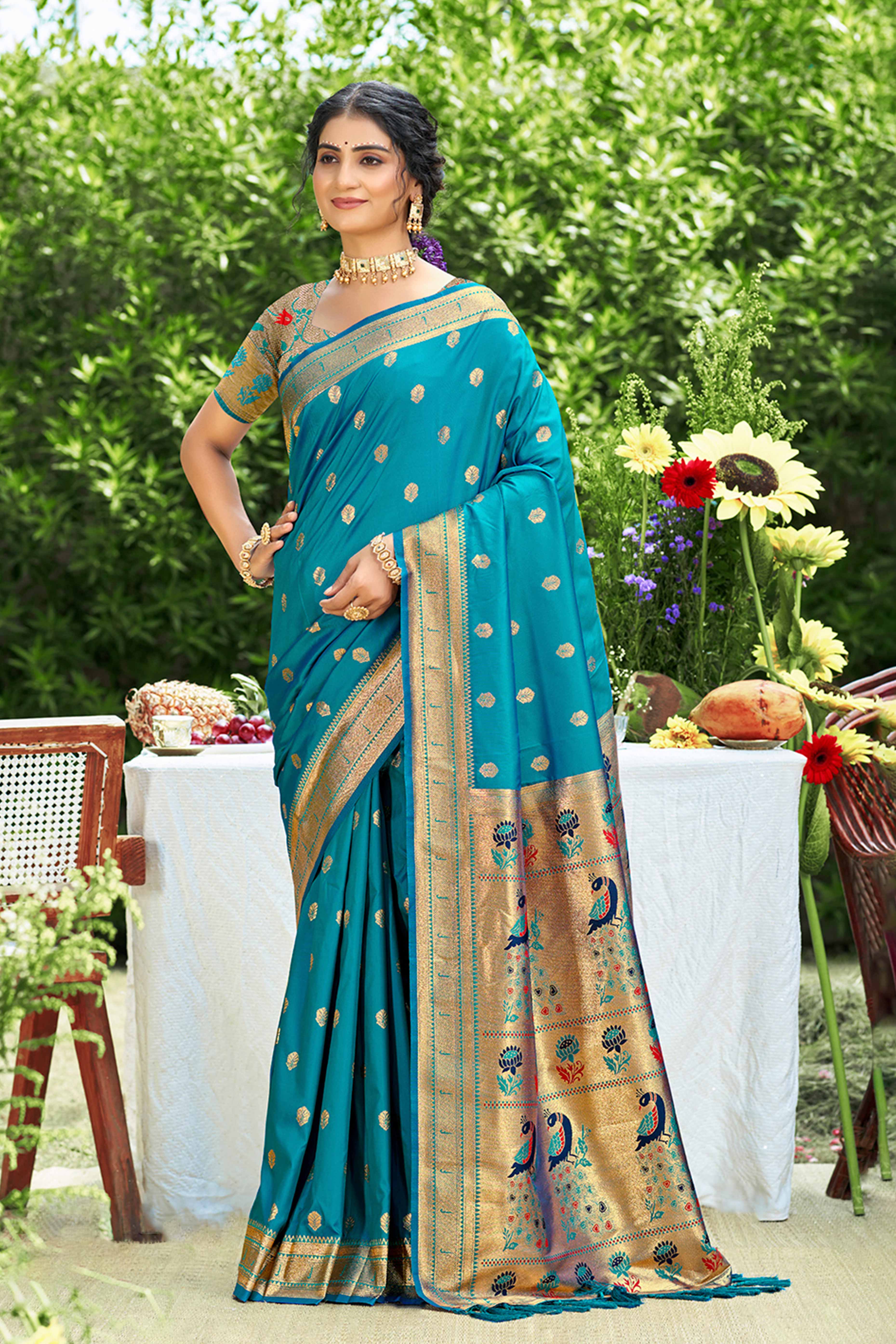 Blue Zari Weaving Silk Blend Saree Adorned With Intricate Peacock Motif Pallu & Graceful Tassel