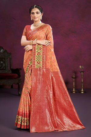 Designer Light Orange Cotton Silk Saree Showcasing Delicate Floral Weaving & Tassel Pallu