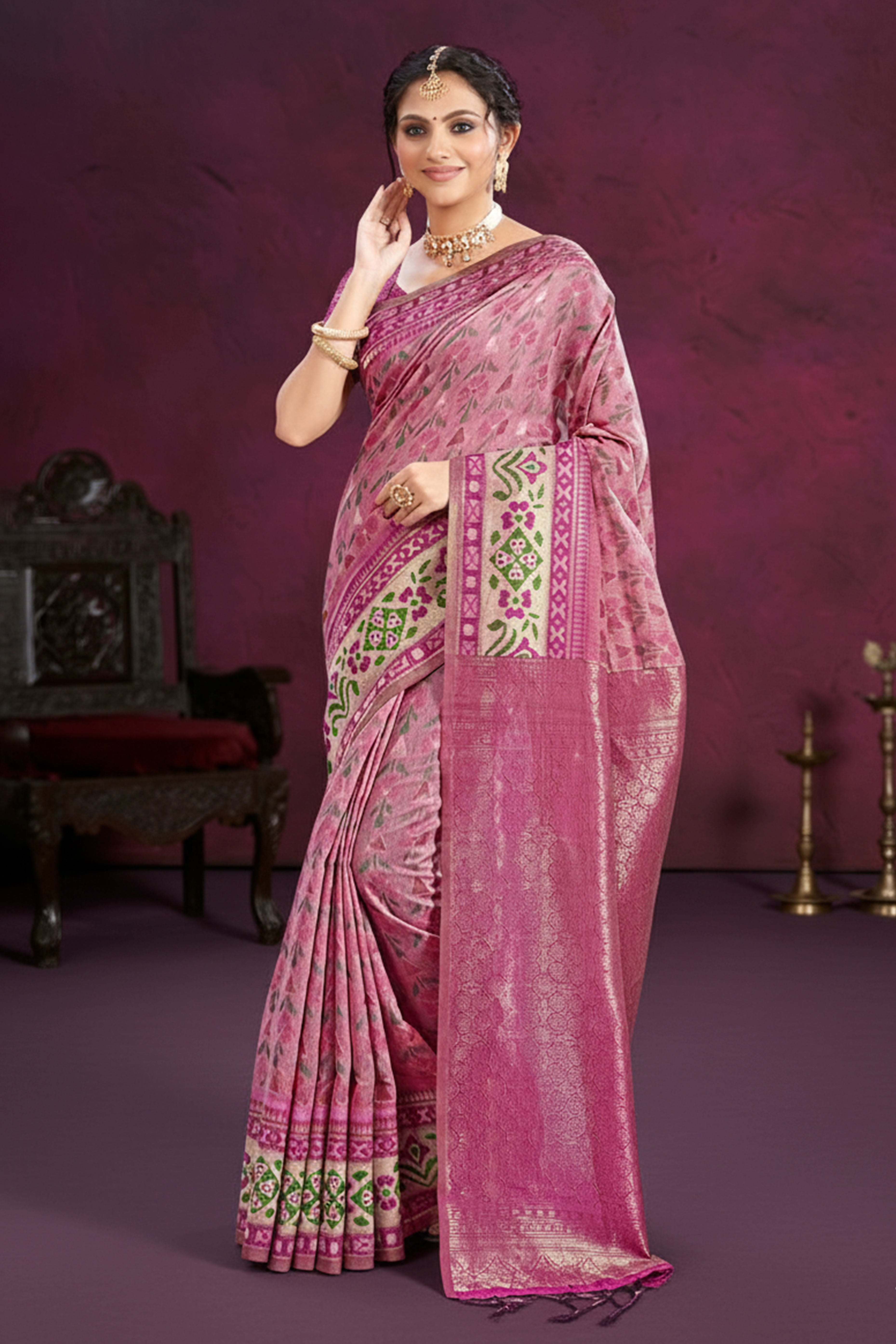 Designer Pink Cotton Silk Saree Showcasing Delicate Floral Weaving & Tassel Pallu