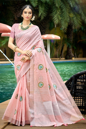 Premium Pink Floral Embroidered Linen Saree With Striped Pattern Tassel Pallu