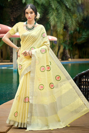 Premium Yellow Floral Embroidered Linen Saree With Striped Pattern Tassel Pallu