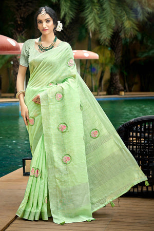 Premium Green Floral Embroidered Linen Saree With Striped Pattern Tassel Pallu