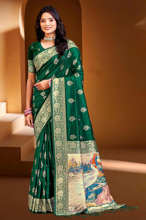 Luxury Green Floral Weaving Silk Blend Saree Finished With A Digital Peacock Printed Pallu