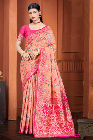 Stunning Peach Floral Zari Weaving Cotton Silk Meena Saree With Tassel Pallu