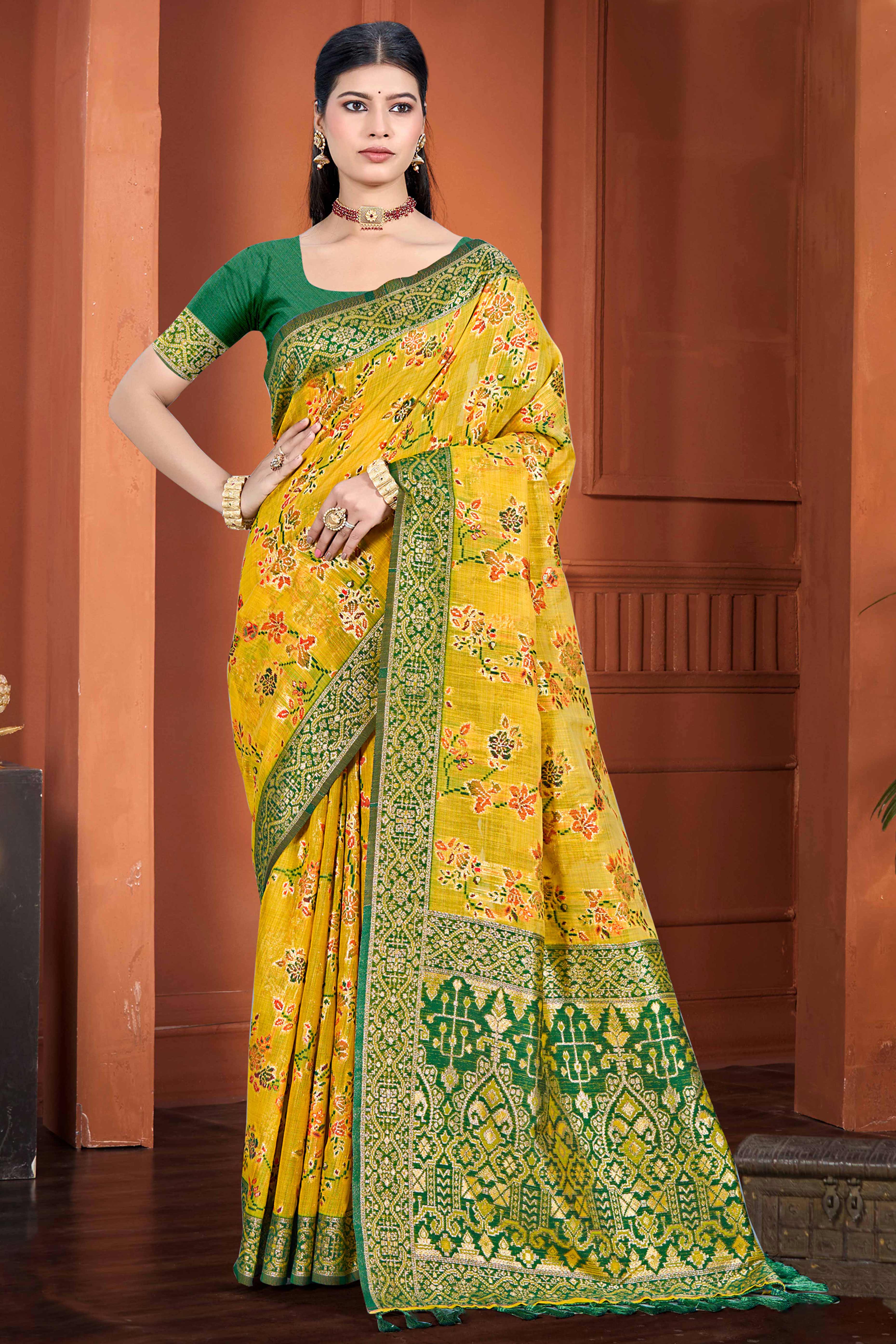 Stunning Mustard Floral Zari Weaving Cotton Silk Meena Saree With Tassel Pallu