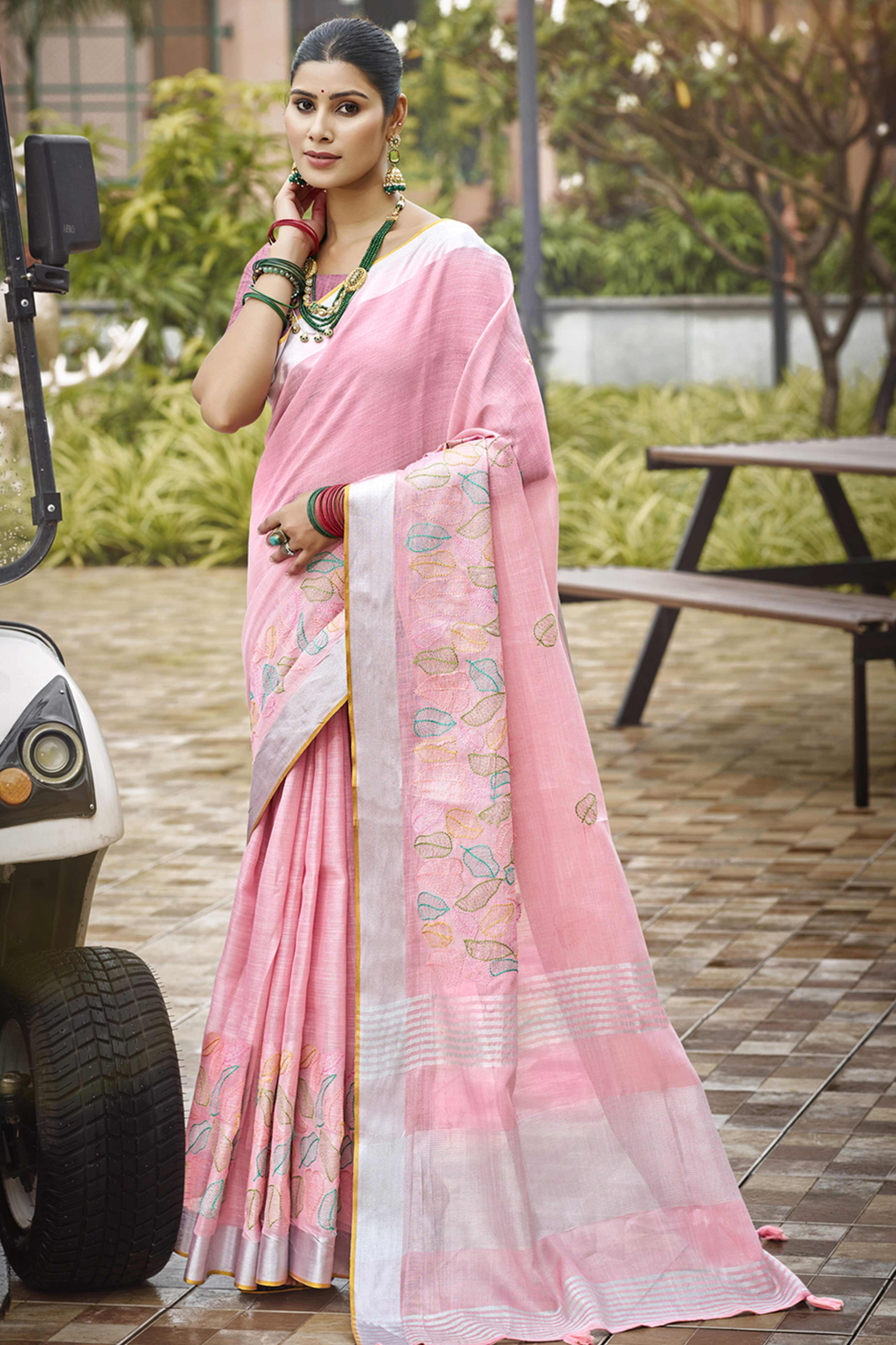 Classic Baby Pink Leaf Pattern Thread Embroidery Work Linen Saree With Tassel Pallu