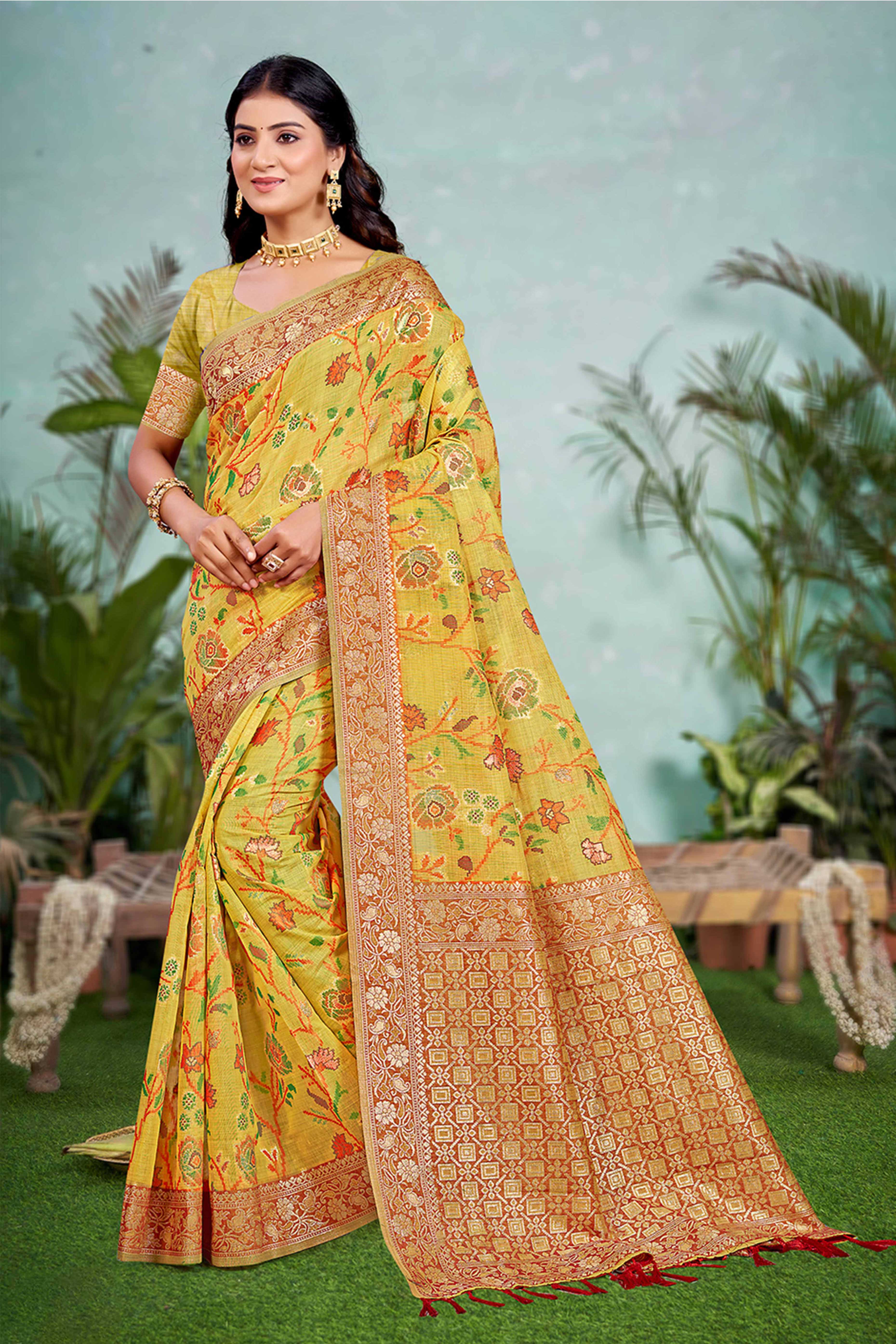 Captivating Mustard Floral Zari Weaving Cotton Silk Saree Accented With Tassel Pallu