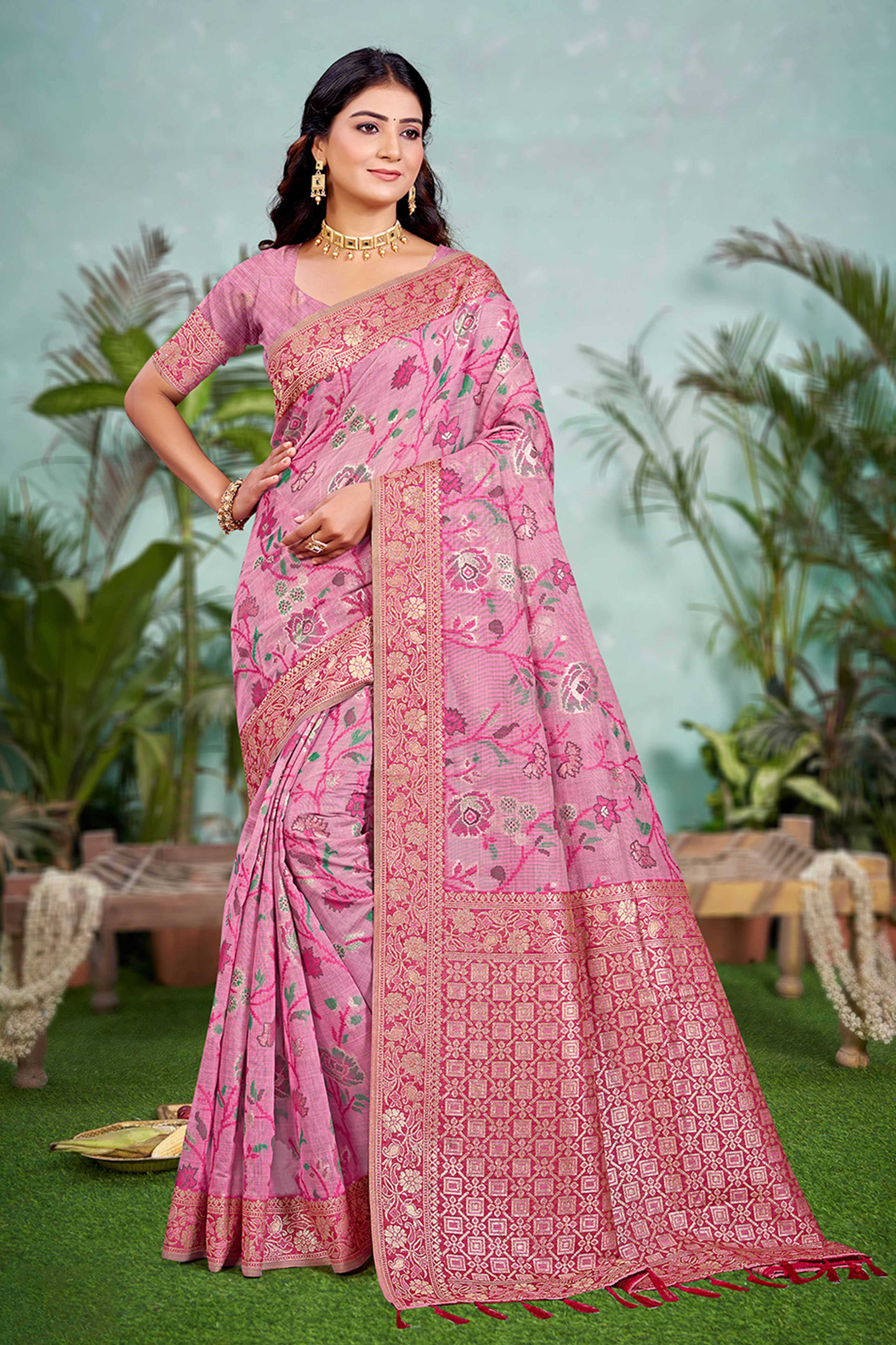 Captivating Pink Floral Zari Weaving Cotton Silk Saree Accented With Tassel Pallu