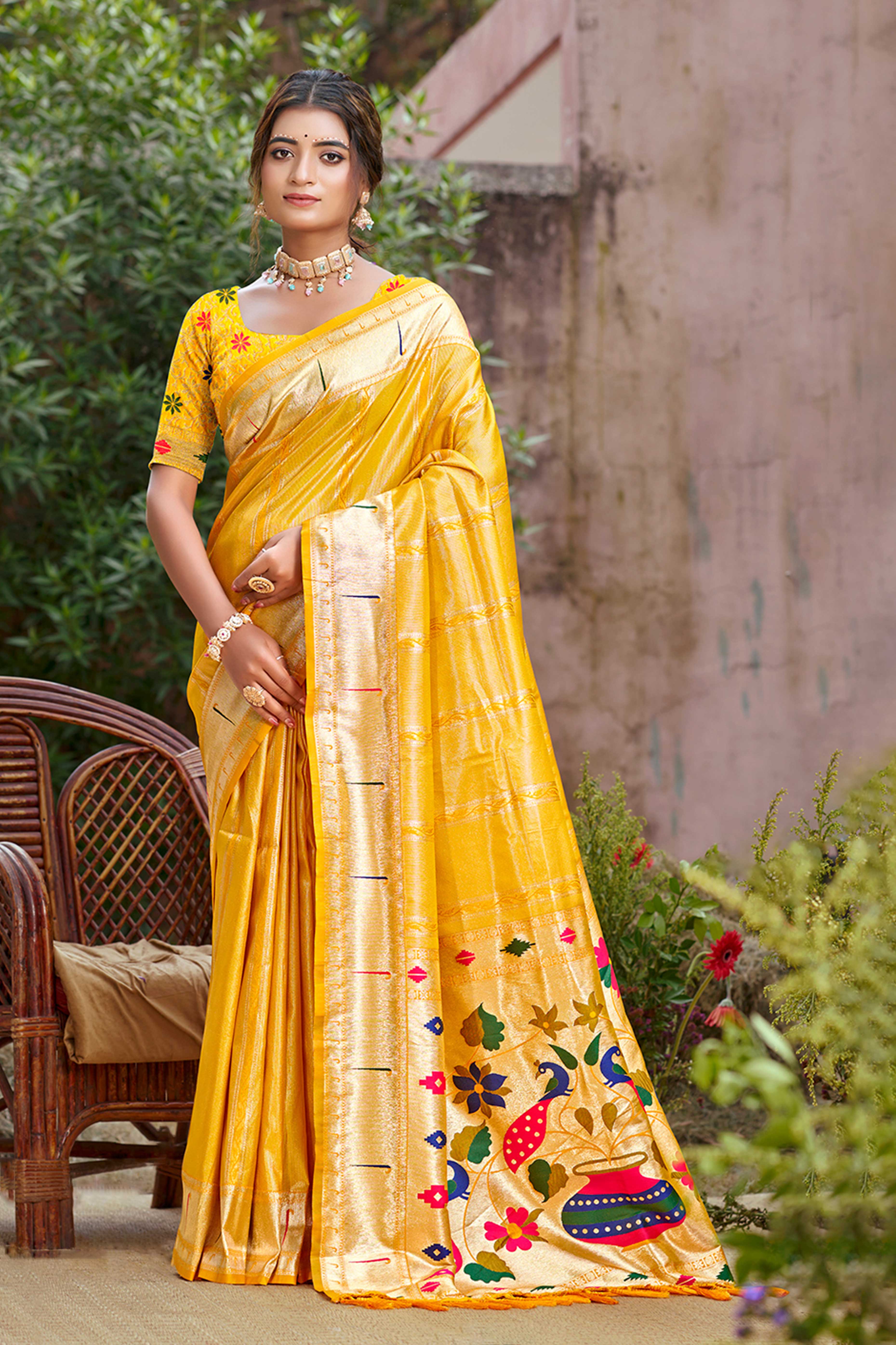 Yellow Designer Weaving Silk Blend Saree Accented With Graceful Peacock & Floral Motif Pallu