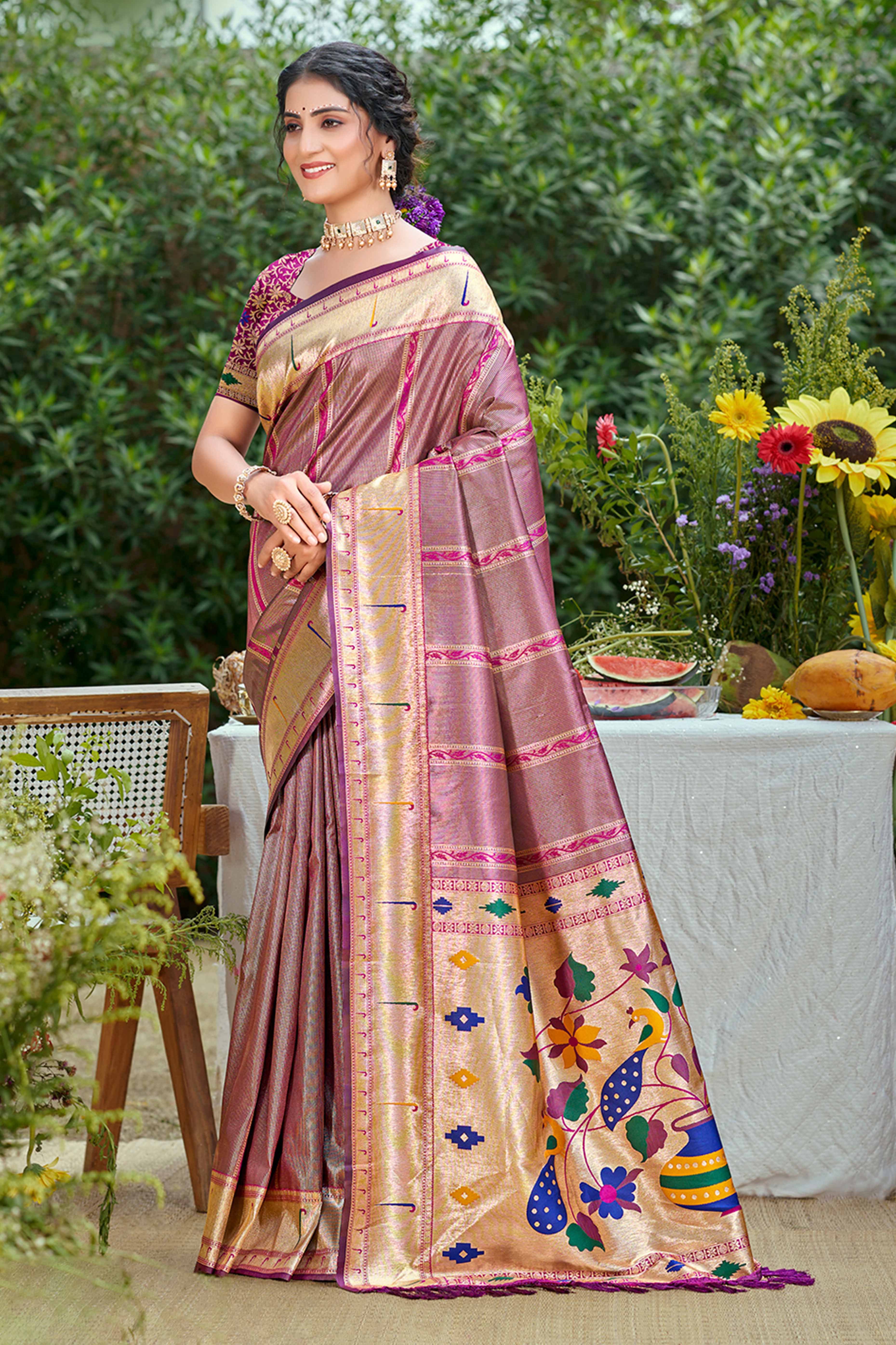 Purple Designer Weaving Silk Blend Saree Accented With Graceful Peacock & Floral Motif Pallu