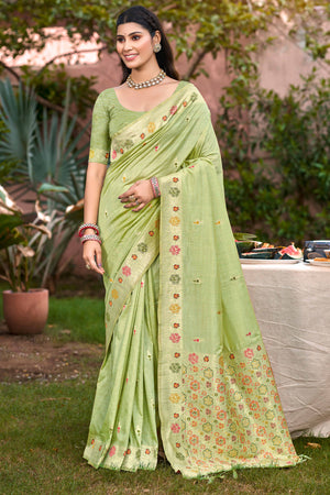Light Green Assam Silk Blend Saree Featuring Intricate Floral Zari Weave & Tassel Pallu