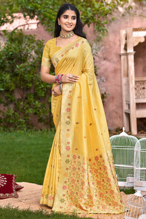 Yellow Assam Silk Blend Saree Featuring Intricate Floral Zari Weave & Tassel Pallu