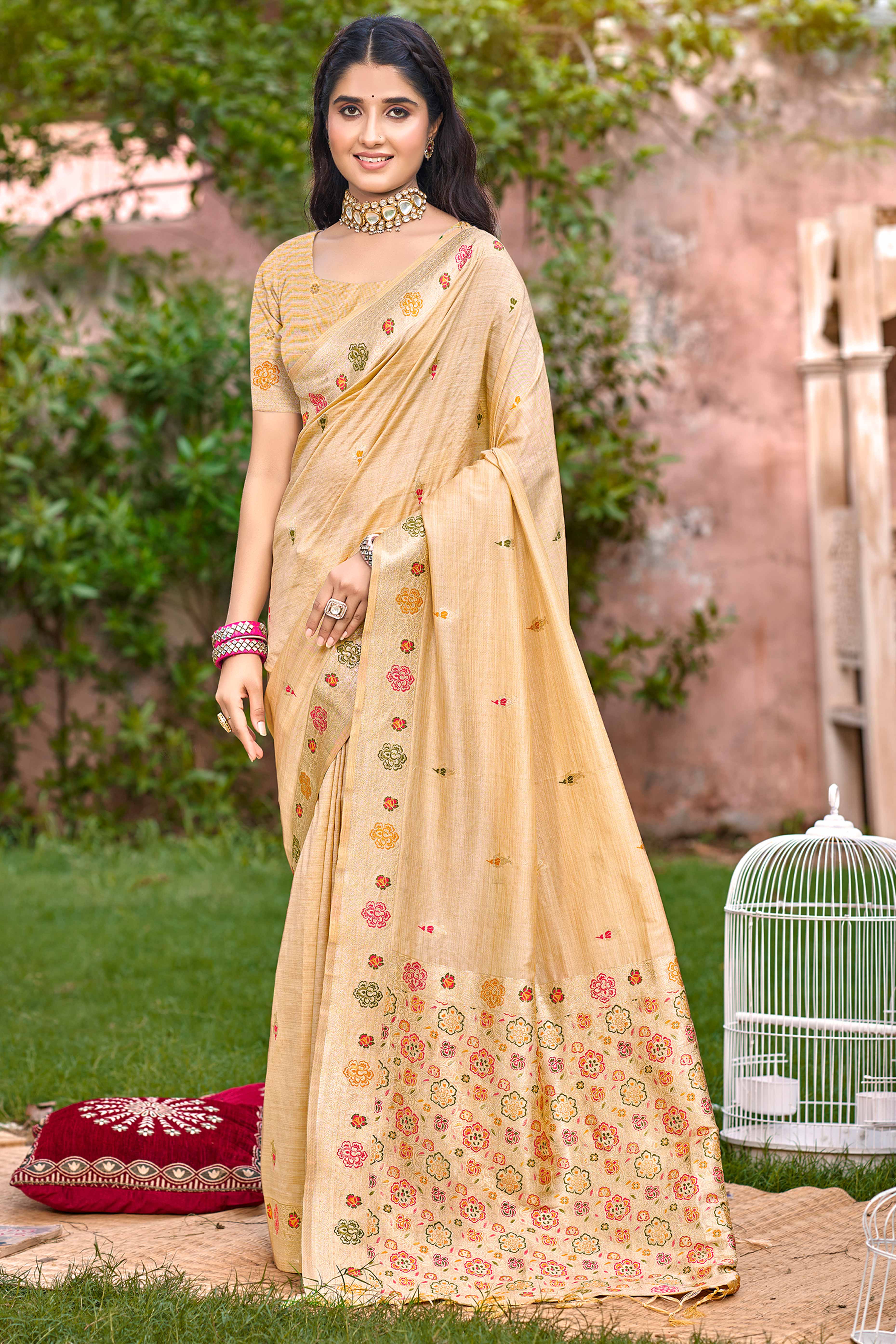 Cream Assam Silk Blend Saree Featuring Intricate Floral Zari Weave & Tassel Pallu