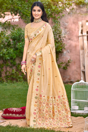 Cream Assam Silk Blend Saree Featuring Intricate Floral Zari Weave & Tassel Pallu