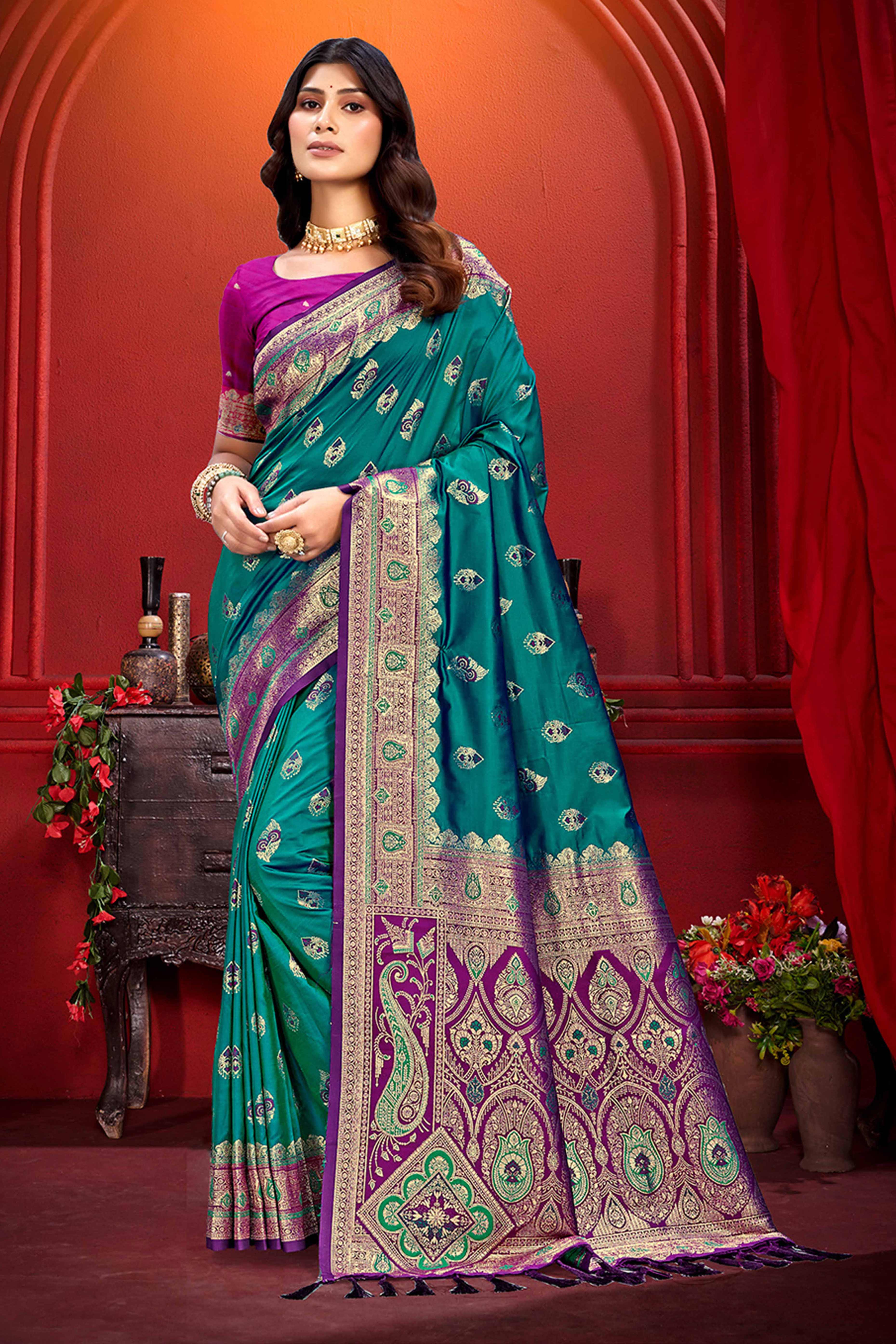 Designer Teal Floral Zari Weaving Silk Blend Saree With Stylish Tassel Pallu