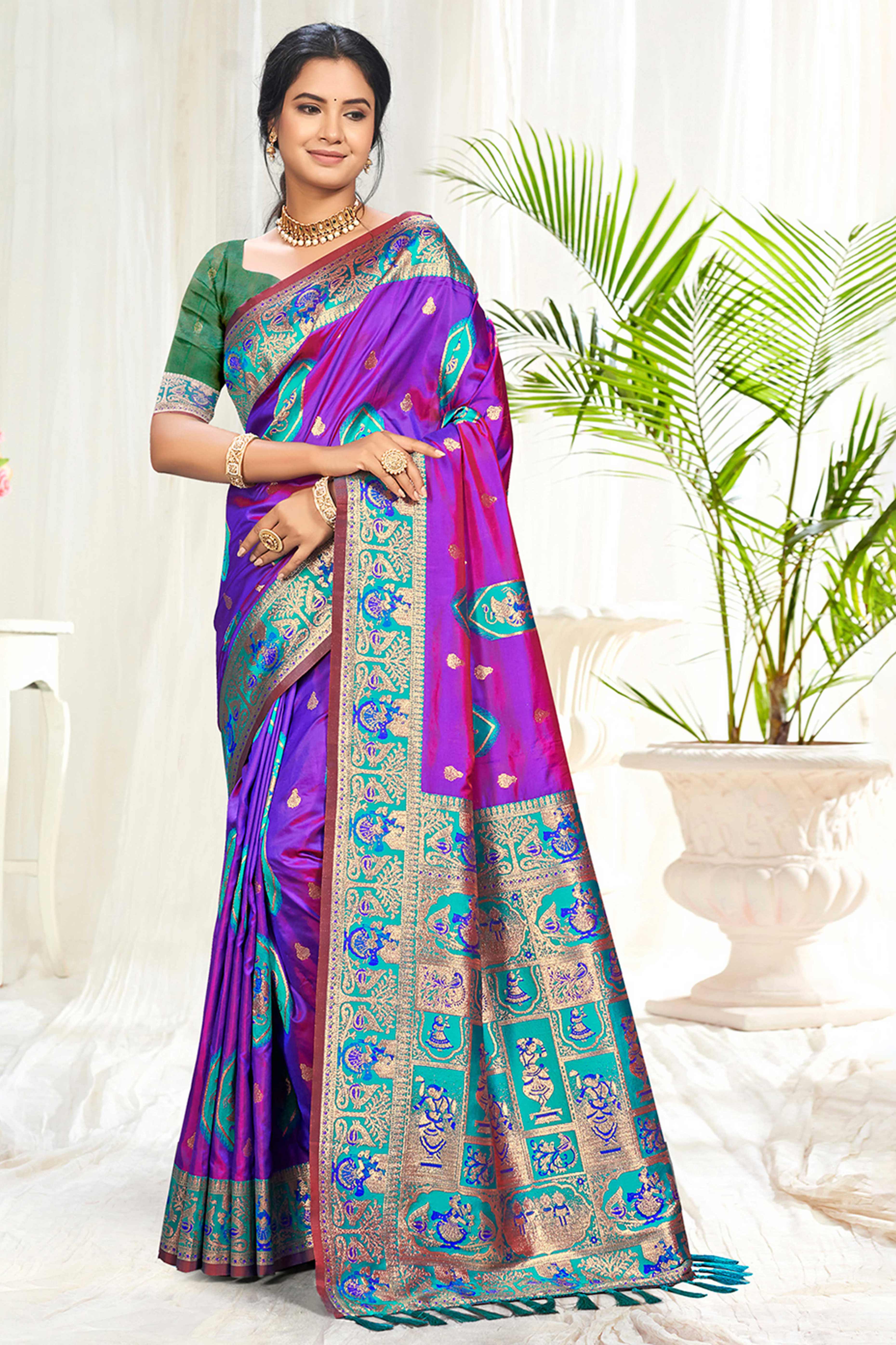Mesmerizing Purple Traditional style Weaving Silk Blend Saree With Graceful Tassel Pallu