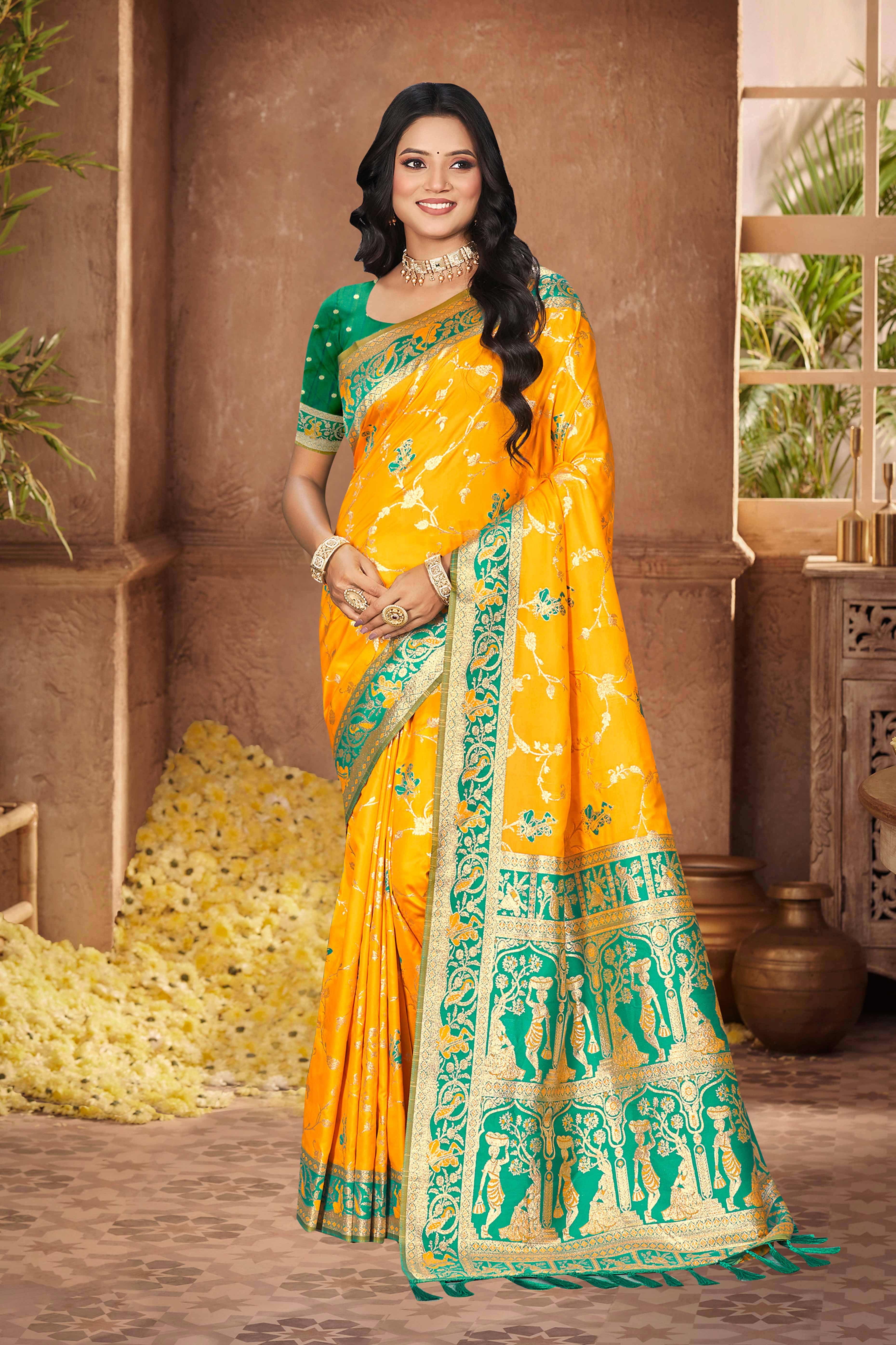 Radiant Yellow Floral Zari Weaving Silk Blend Saree With Tassel Pallu