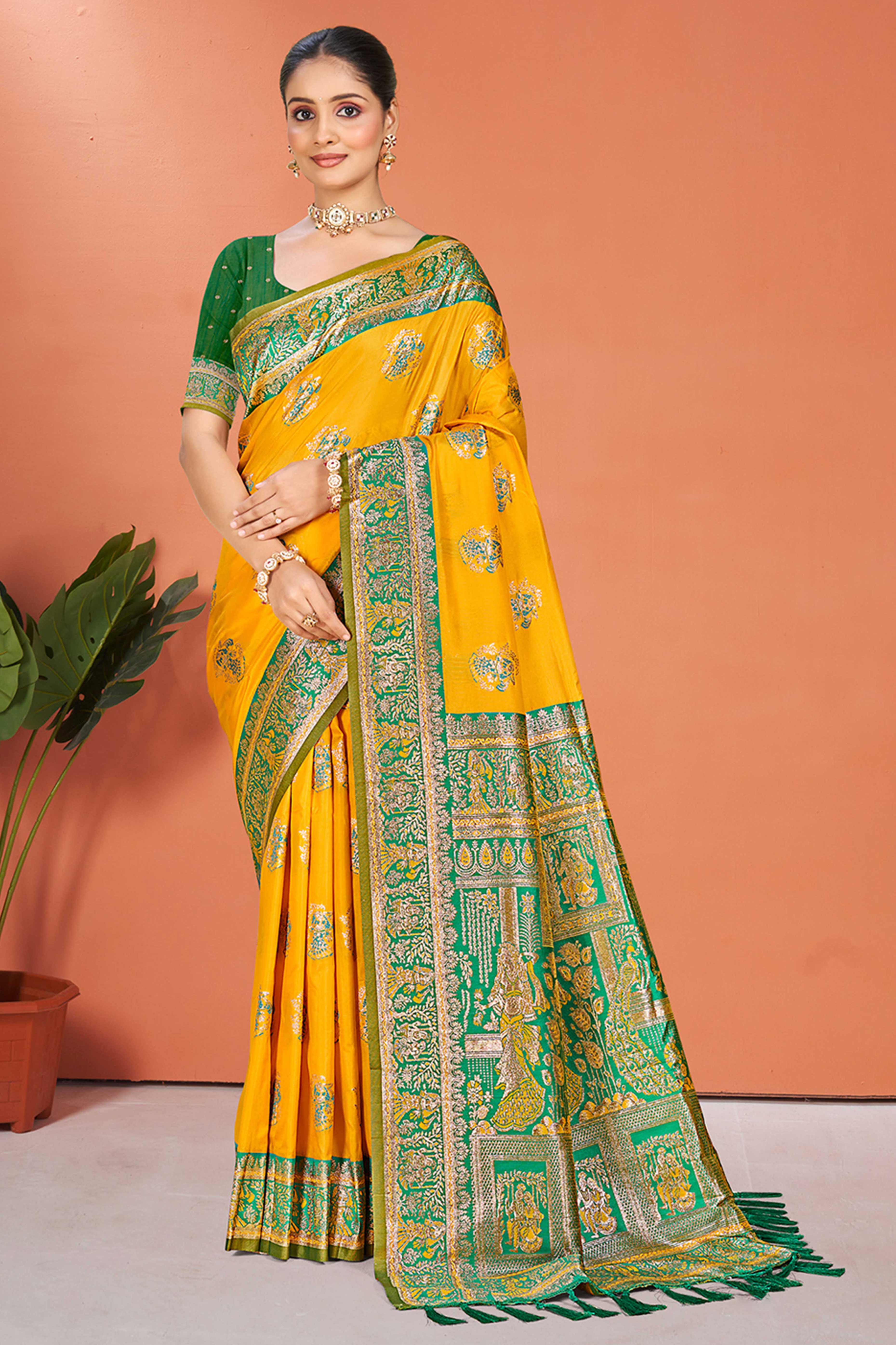 Mustard Traditional Zari Weaving Silk Blend Saree Accented With Tassel Pallu