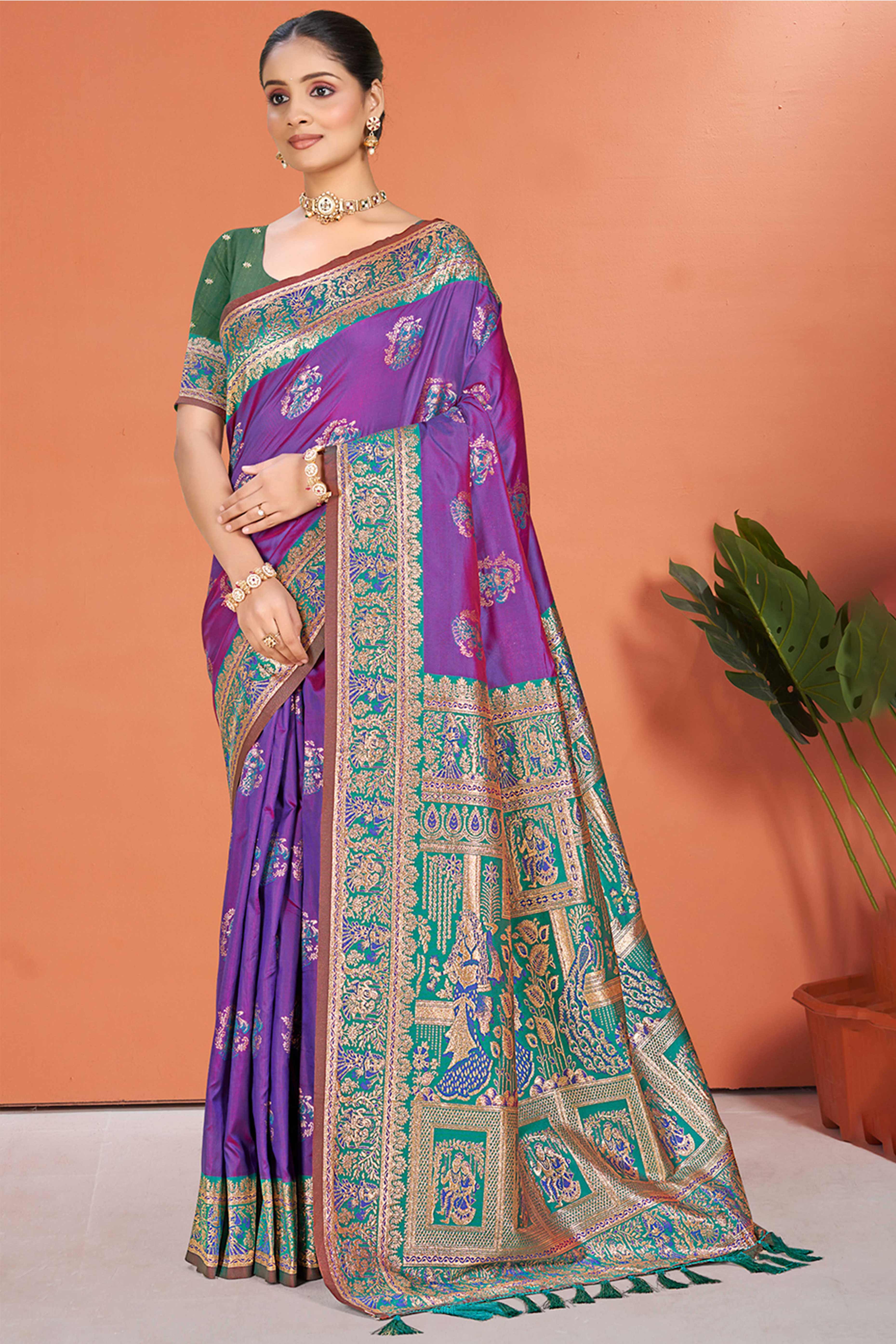 Purple Traditional Zari Weaving Silk Blend Saree Accented With Tassel Pallu
