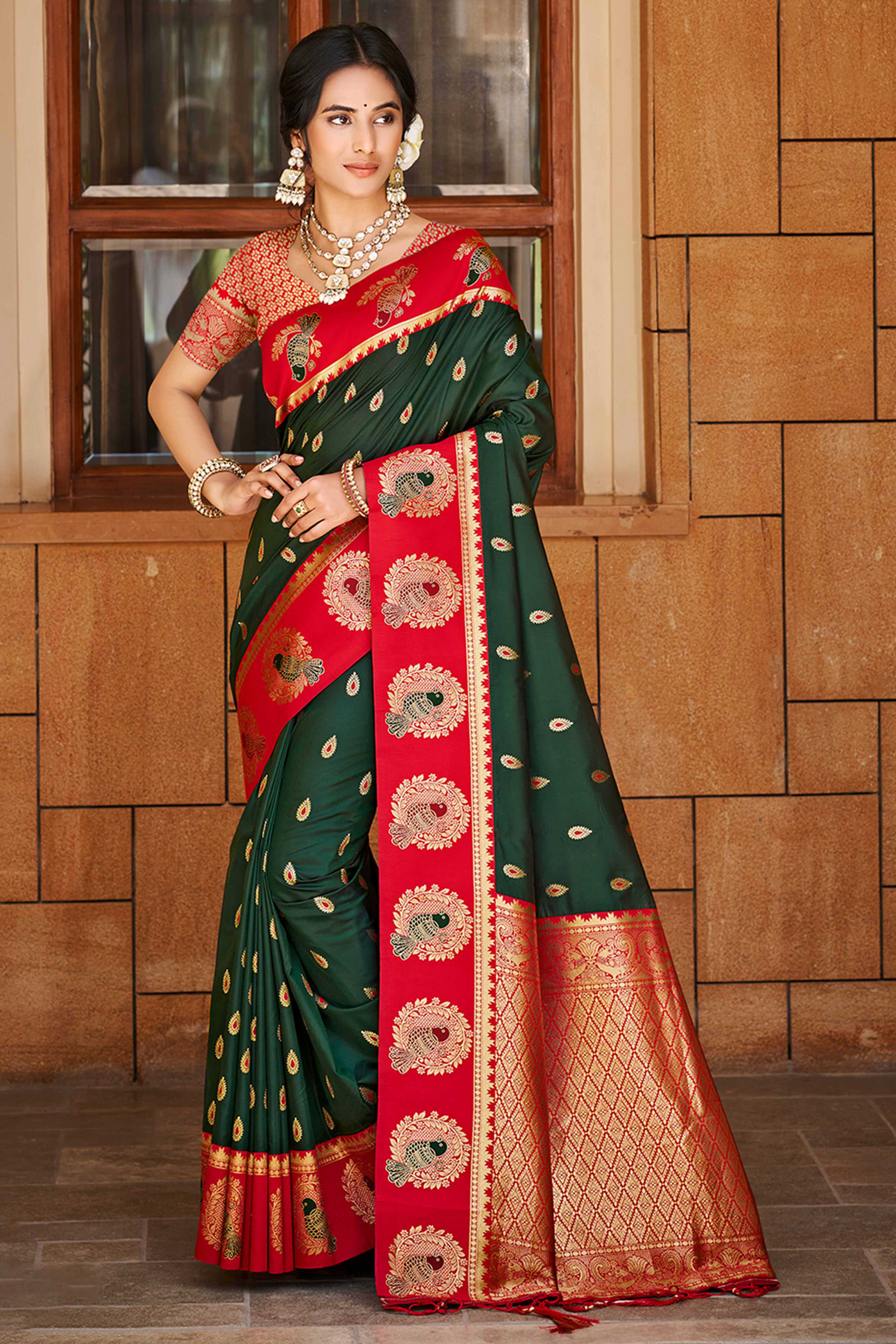 Stunning Dark Green Floral Weaving Silk Blend Saree With Birds Design Border & Tassel Pallu