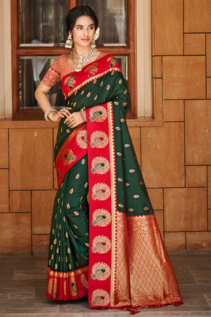 Stunning Dark Green Floral Weaving Silk Blend Saree With Birds Design Border & Tassel Pallu