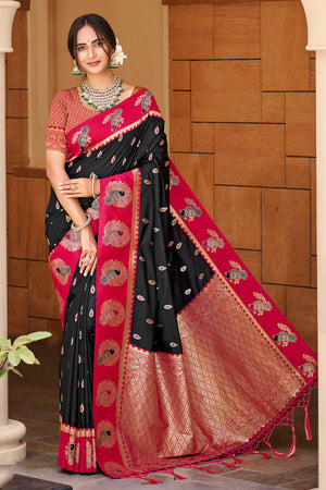 Stunning Black Floral Weaving Silk Blend Saree With Birds Design Border & Tassel Pallu