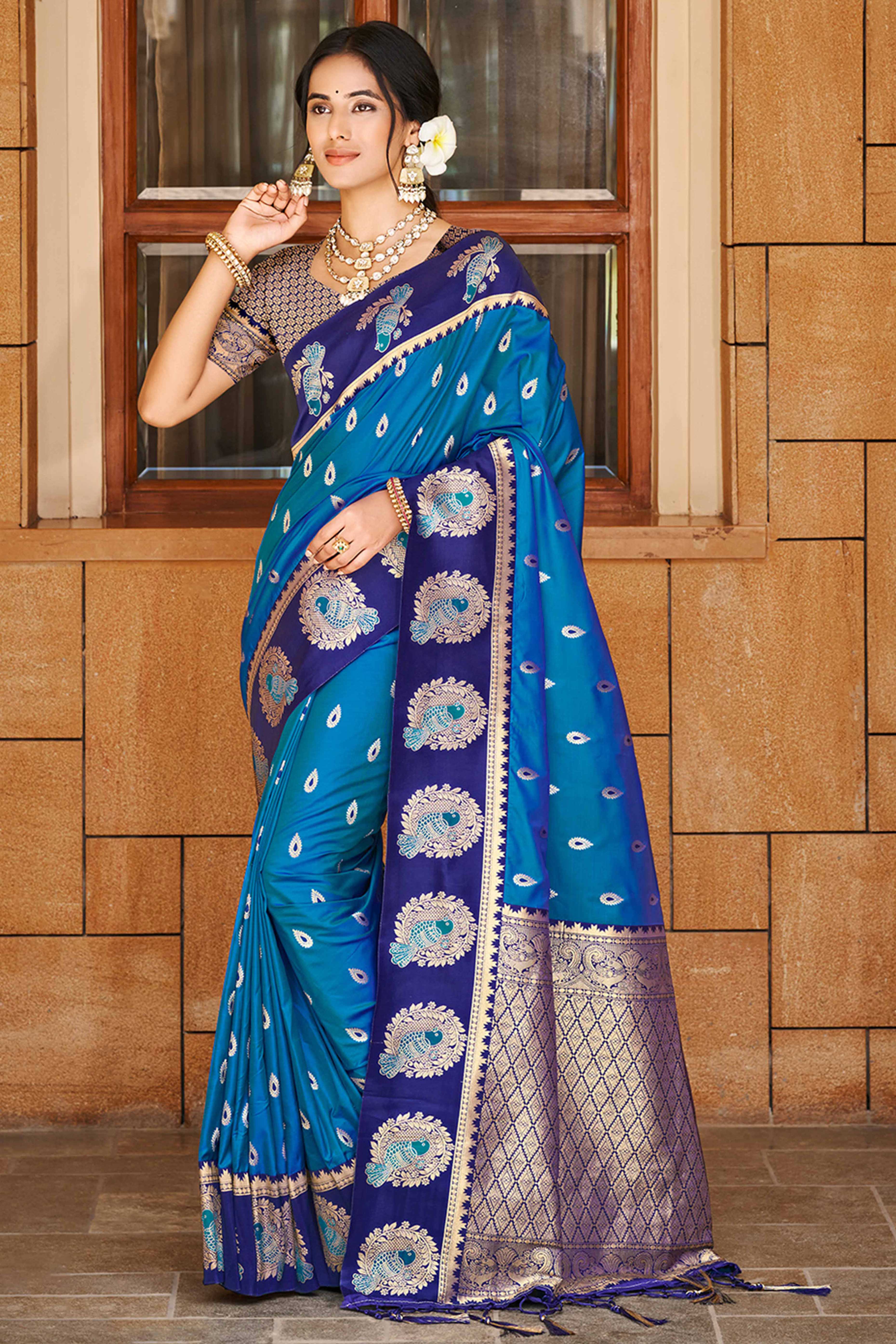 Stunning Blue Floral Weaving Silk Blend Saree With Birds Design Border & Tassel Pallu