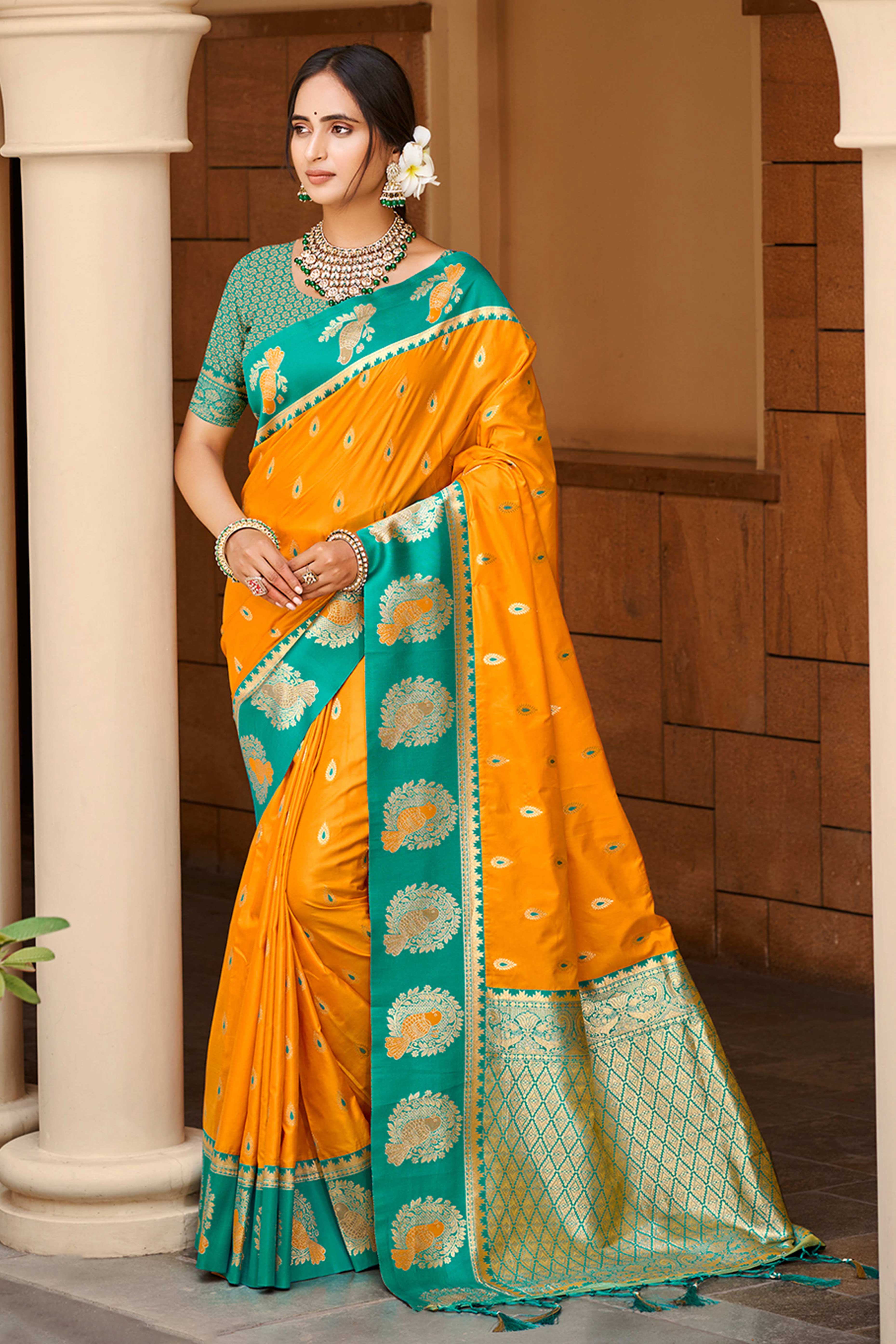 Stunning Mustard Floral Weaving Silk Blend Saree With Birds Design Border & Tassel Pallu