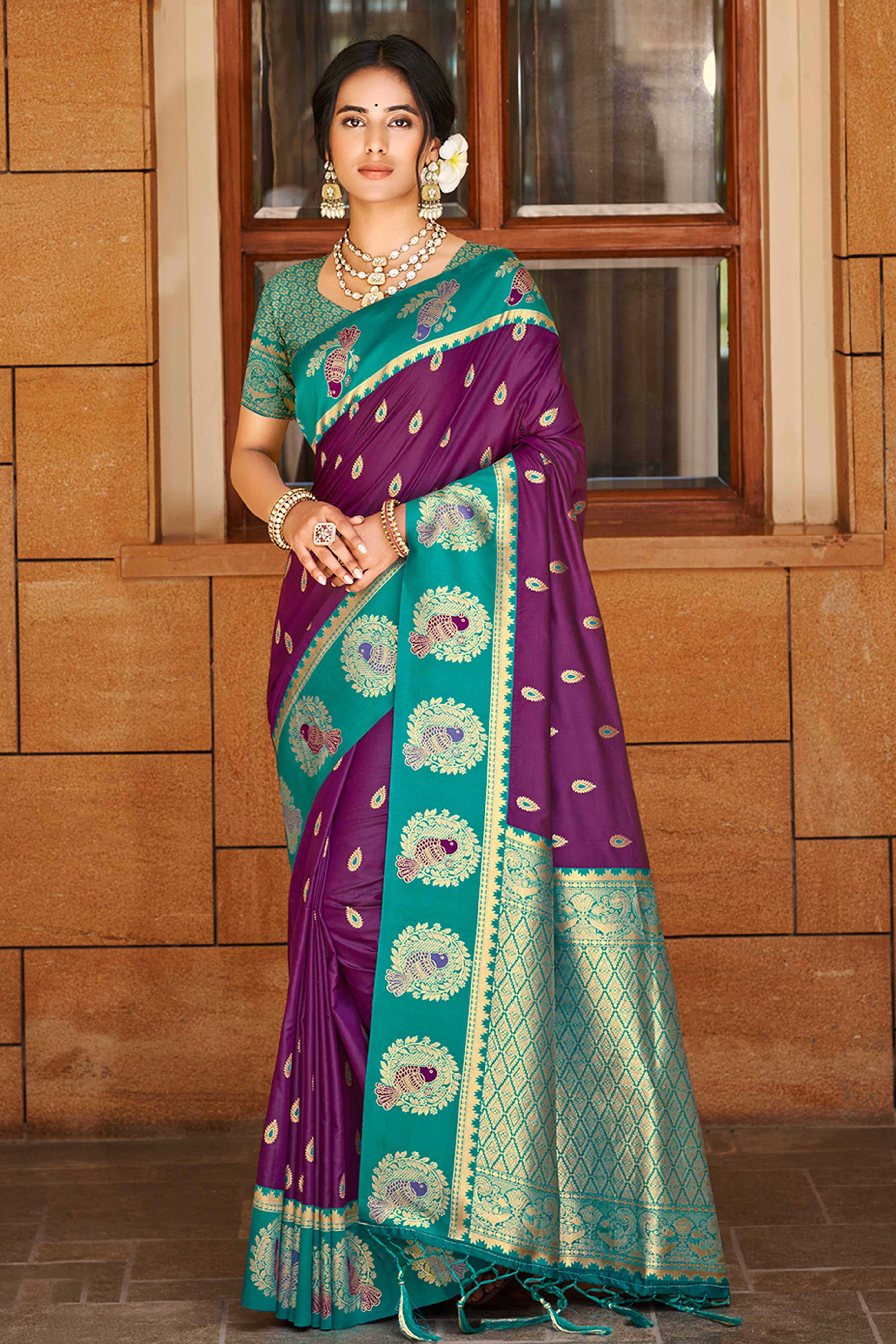 Stunning Purple Floral Weaving Silk Blend Saree With Birds Design Border & Tassel Pallu