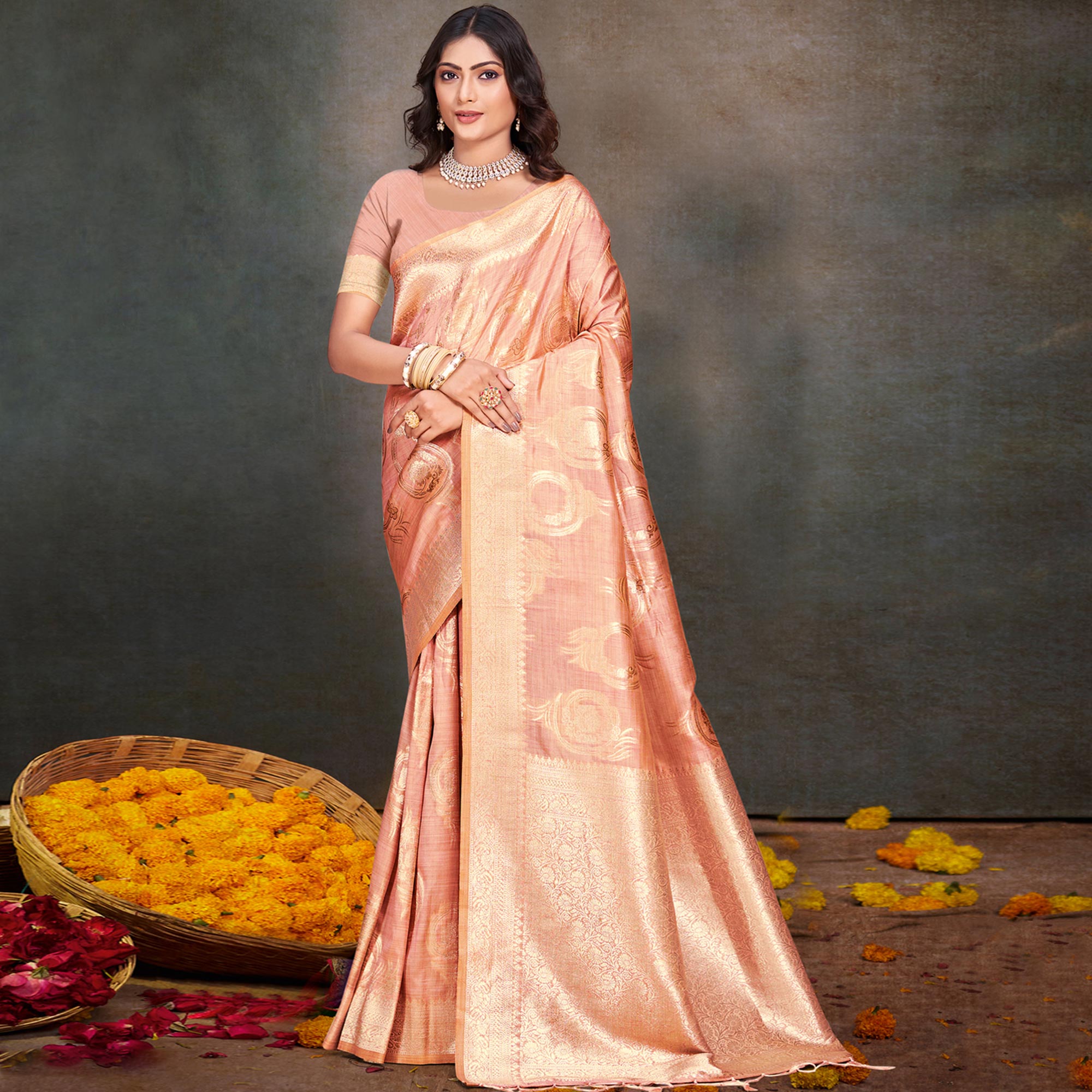 Peach Floral Woven Cotton Silk Saree With Tassels
