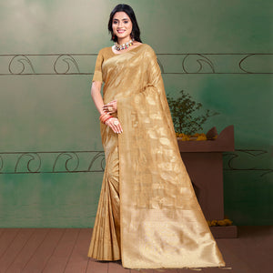 Beige Floral Woven Cotton Silk Saree With Tassels