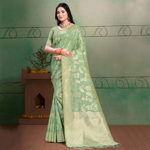 Sea Green Floral Woven Cotton Silk Saree With Tassels