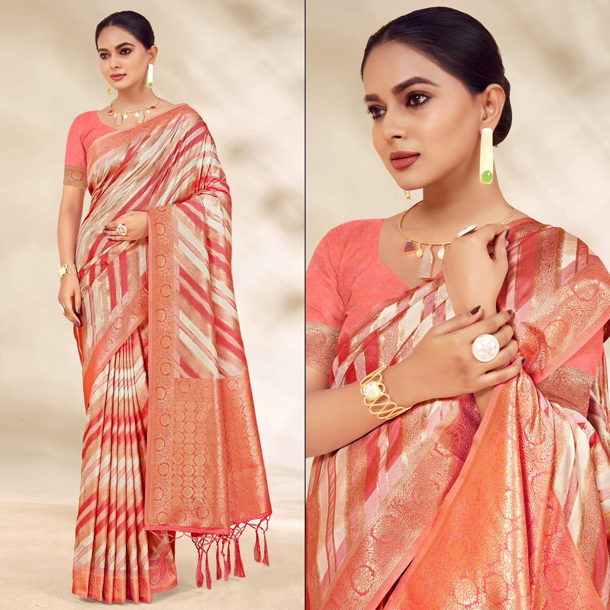 Peach Woven Cotton Silk Saree With Tassels