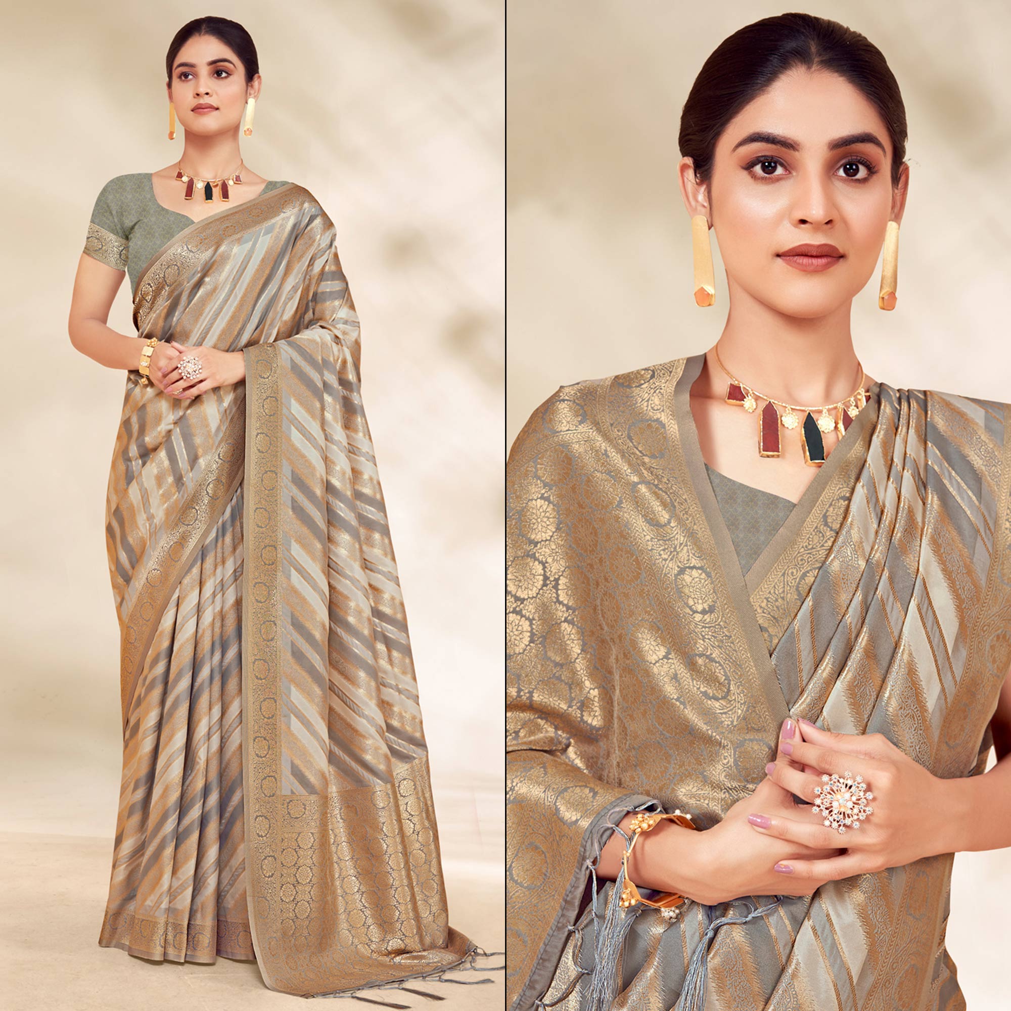 Grey Woven Cotton Silk Saree With Tassels