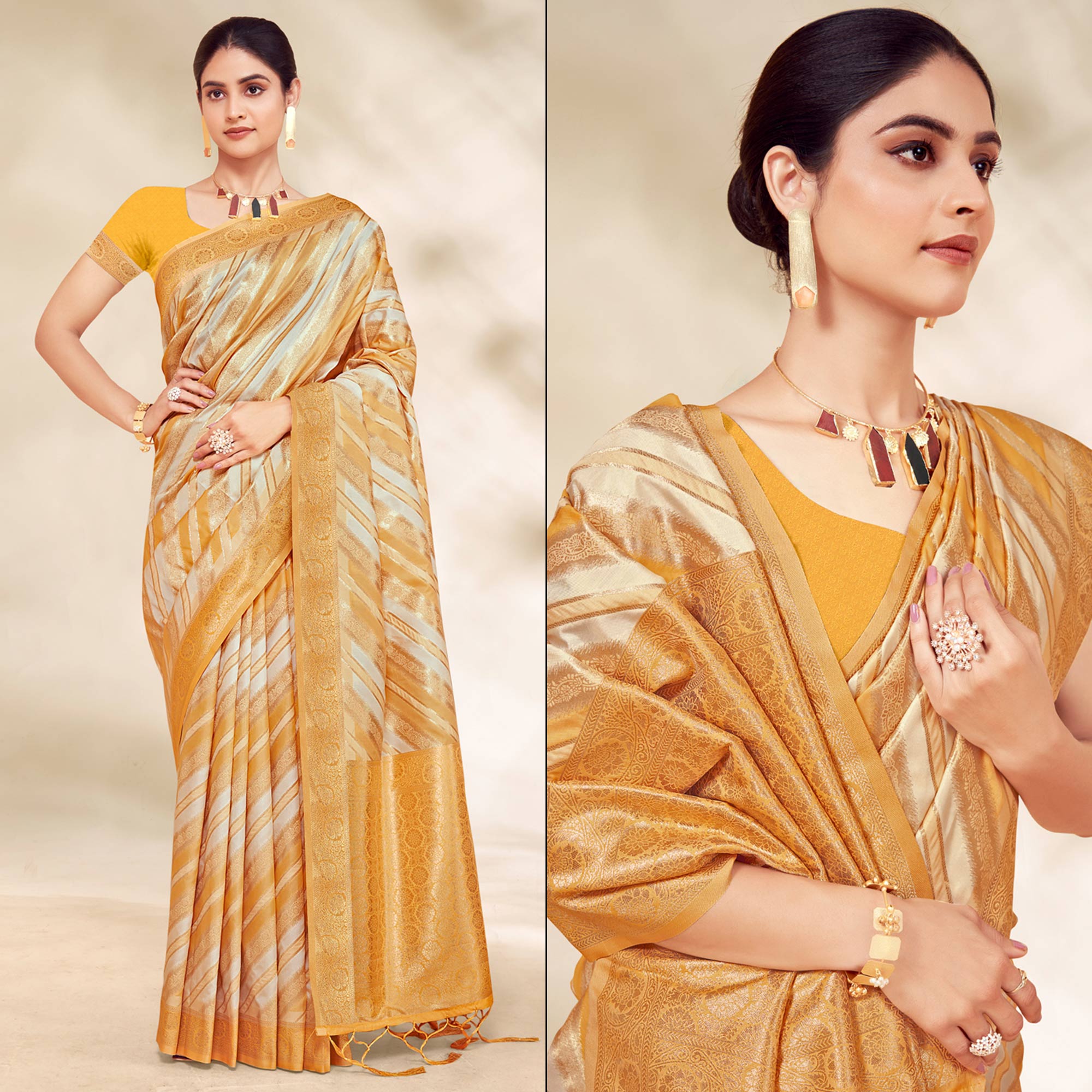 Mustard Woven Cotton Silk Saree With Tassels