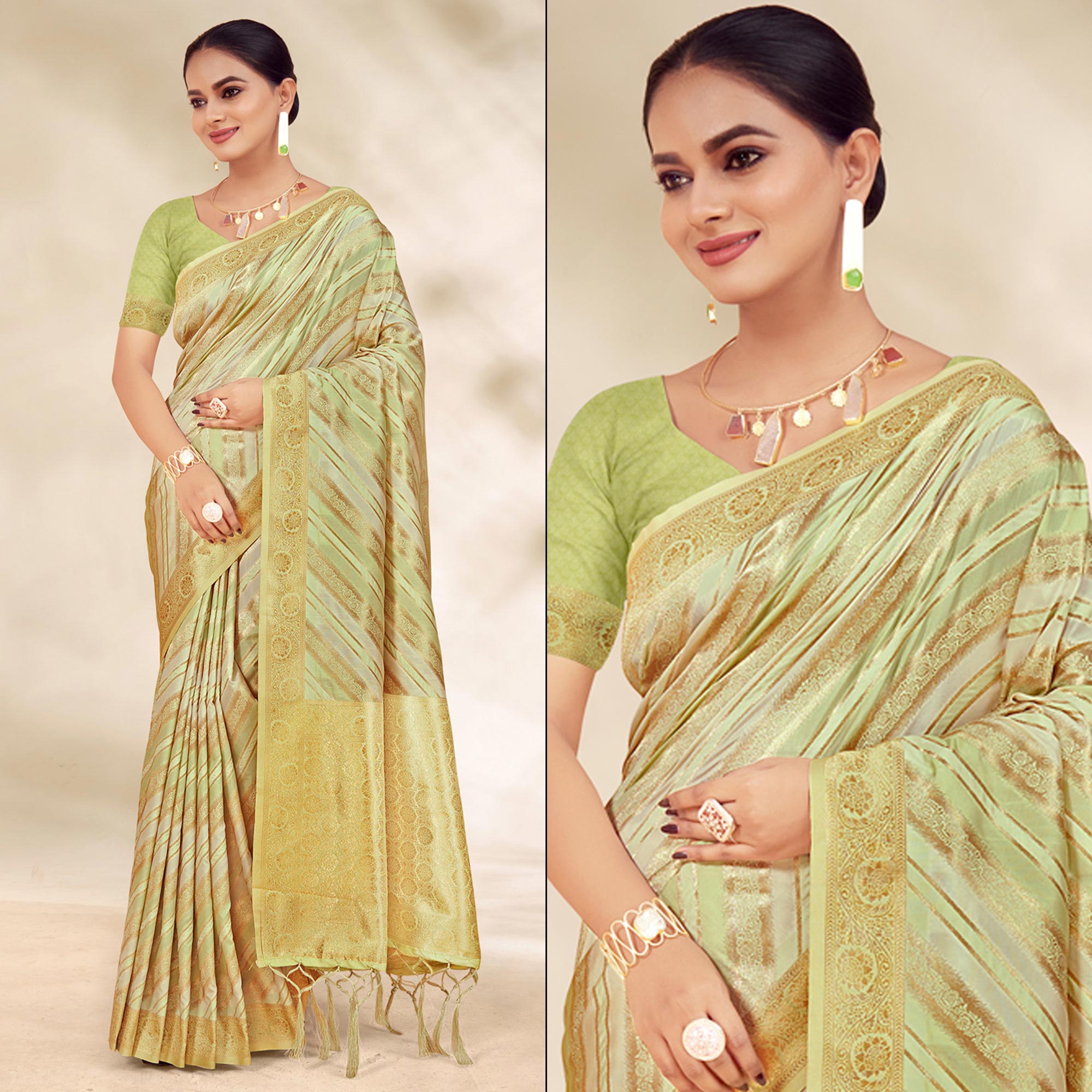 Light Green Woven Cotton Silk Saree With Tassels
