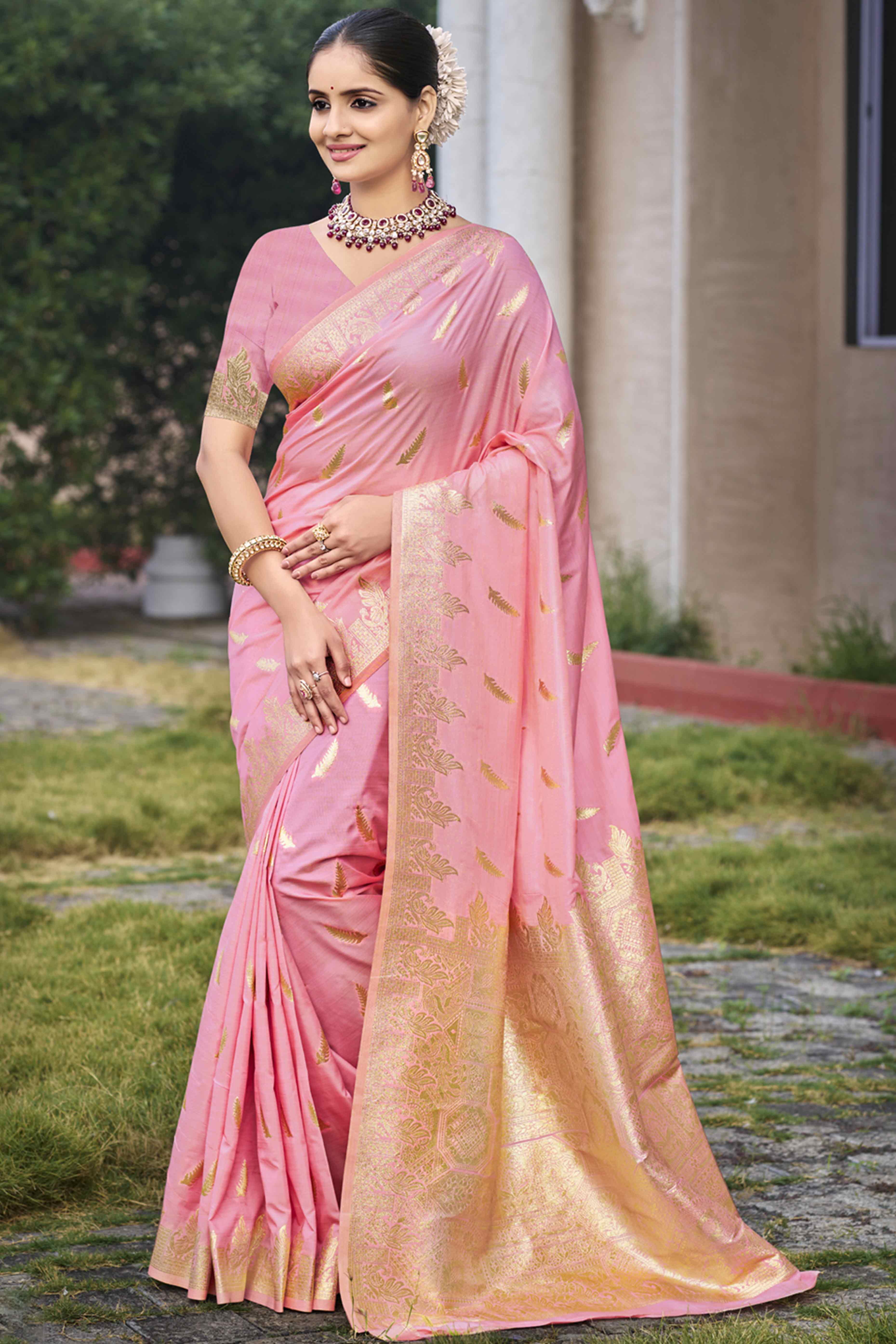 Pink Banarasi Silk Saree With Delicate Floral Zari Weaving