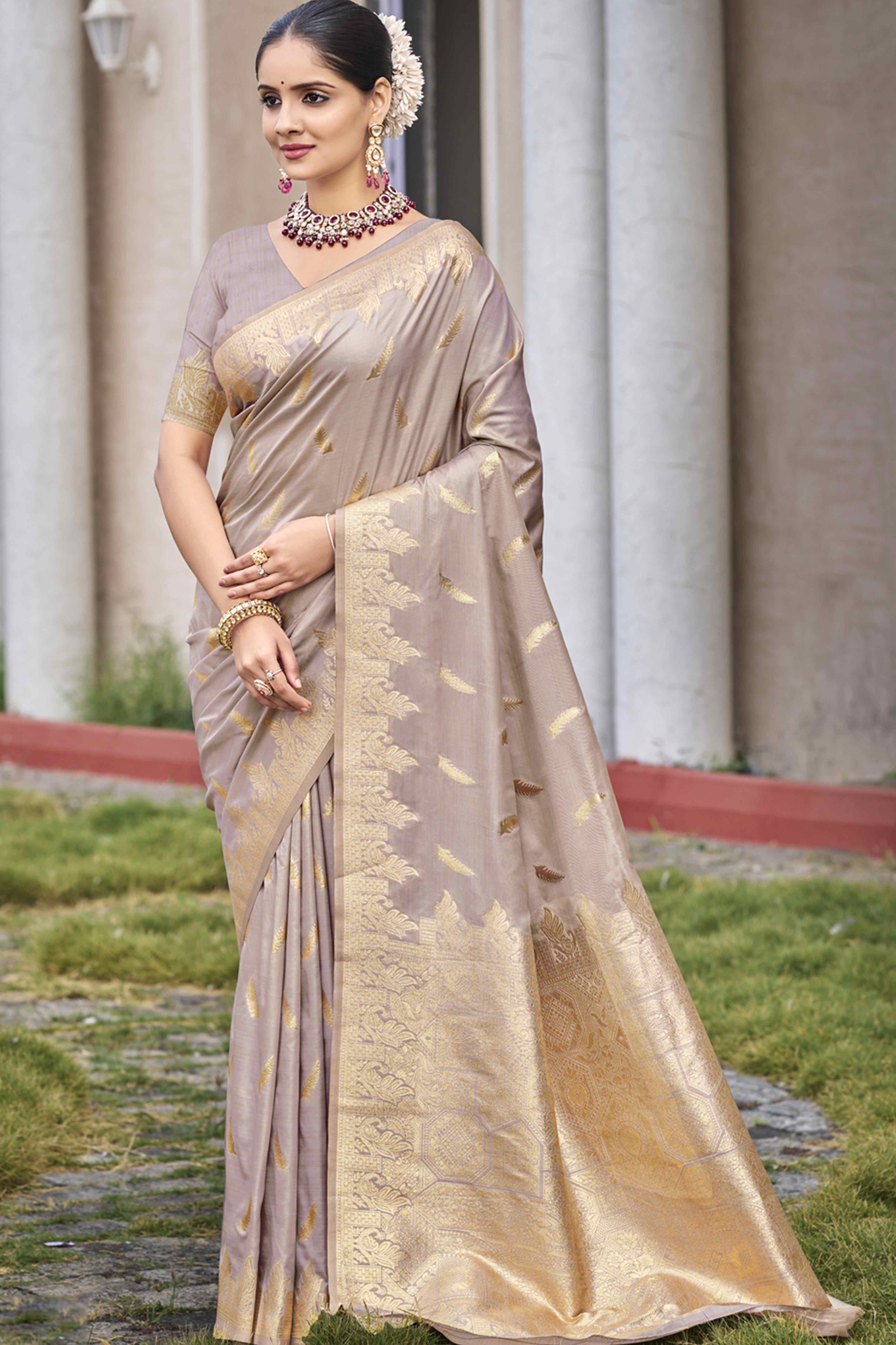 Light Taupe Banarasi Silk Saree With Delicate Floral Zari Weaving