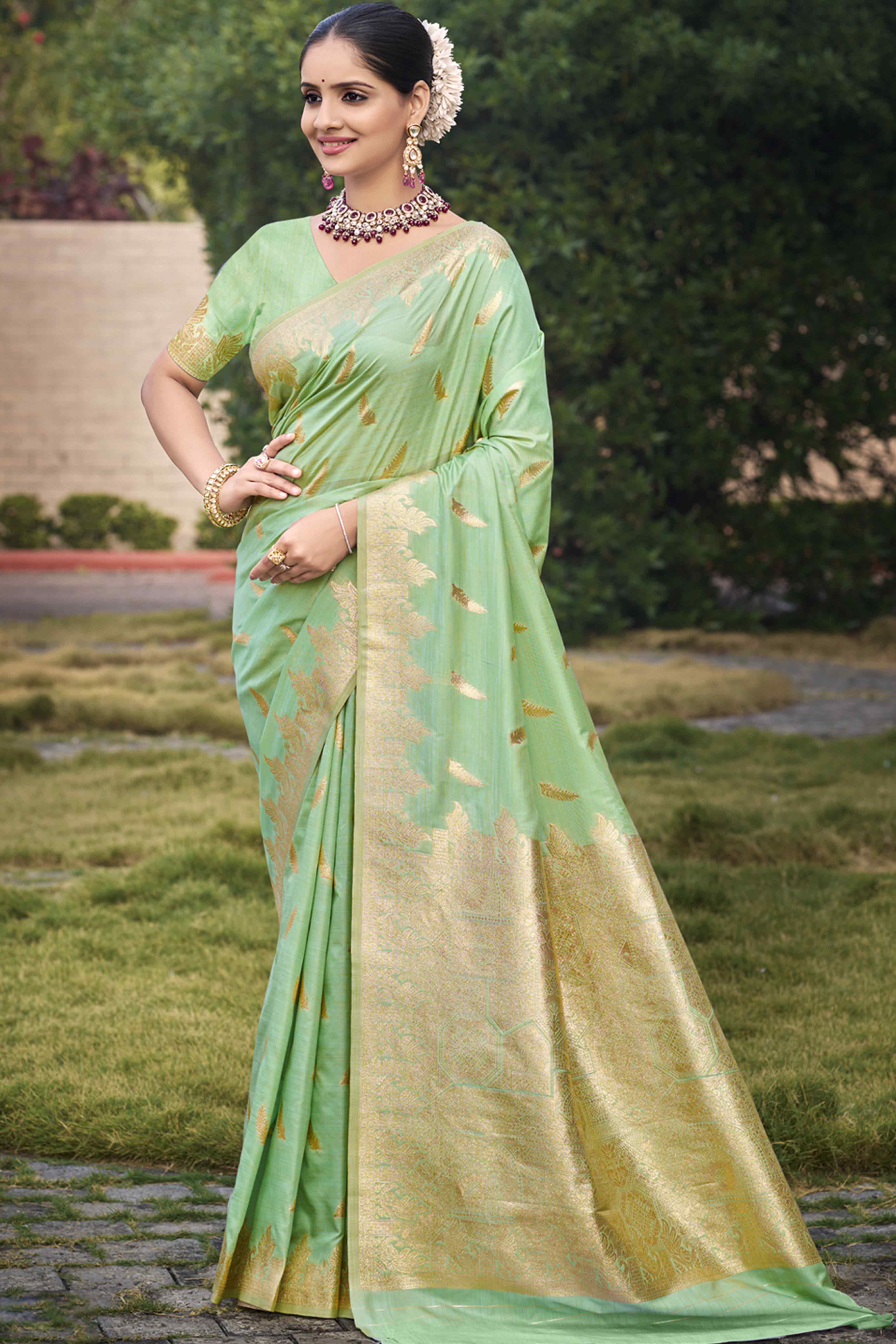 Green Banarasi Silk Saree With Delicate Floral Zari Weaving