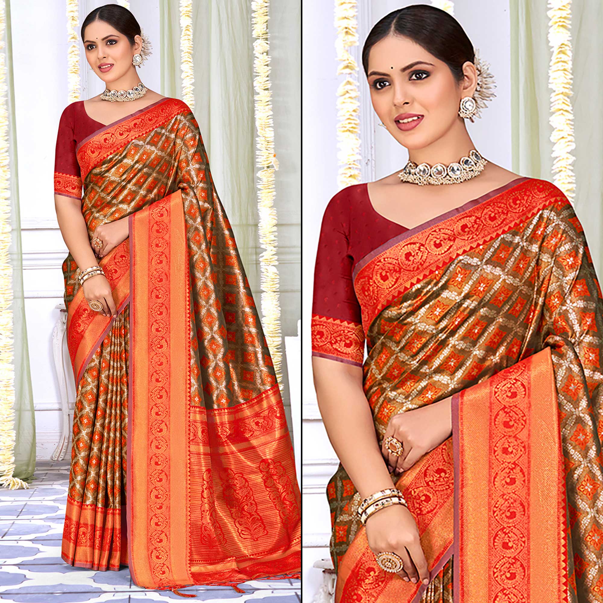 Red Woven Cotton Silk Saree With Tassels