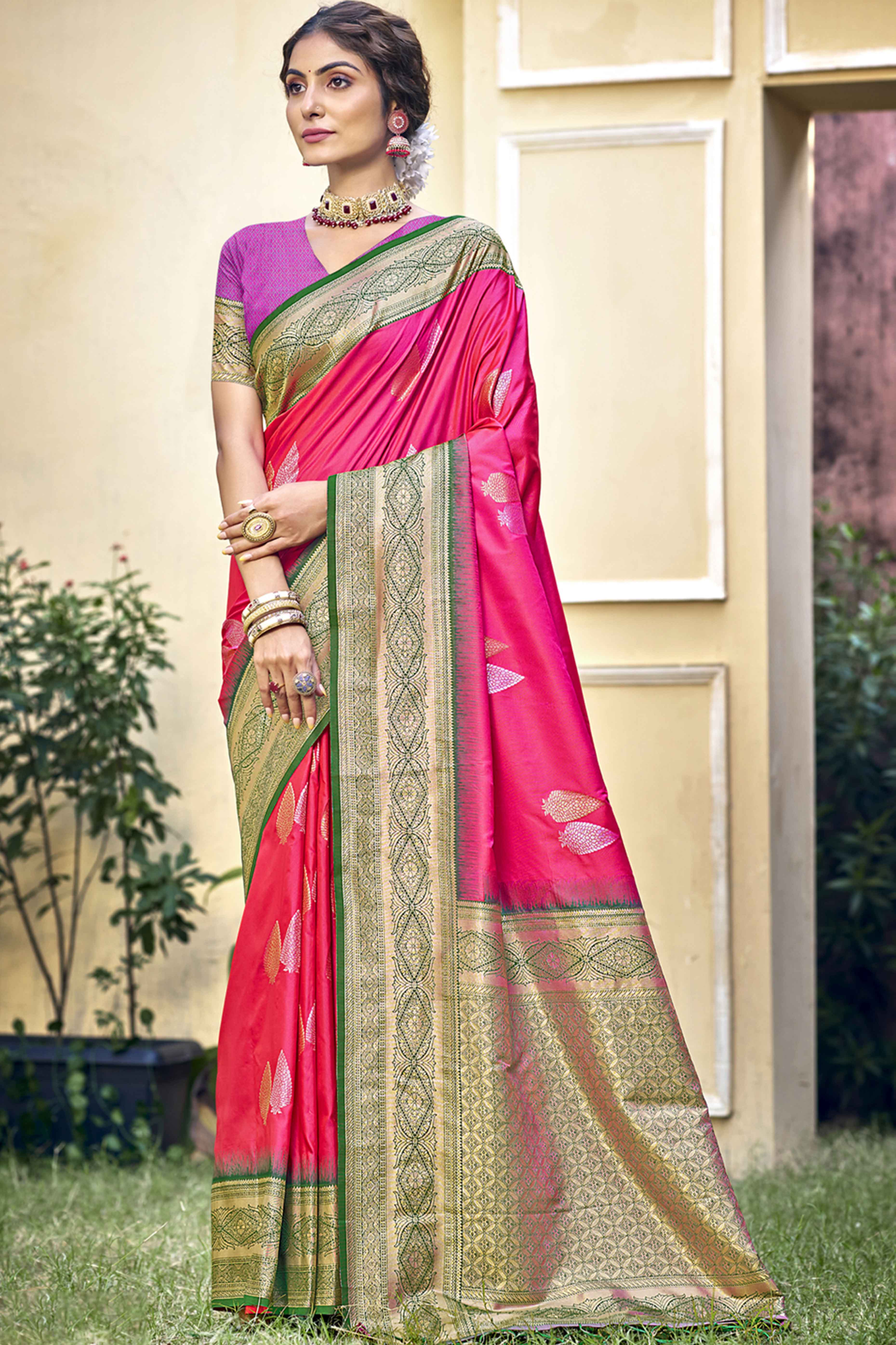 Rani Pink Woven Banarasi Silk Saree With Tassels