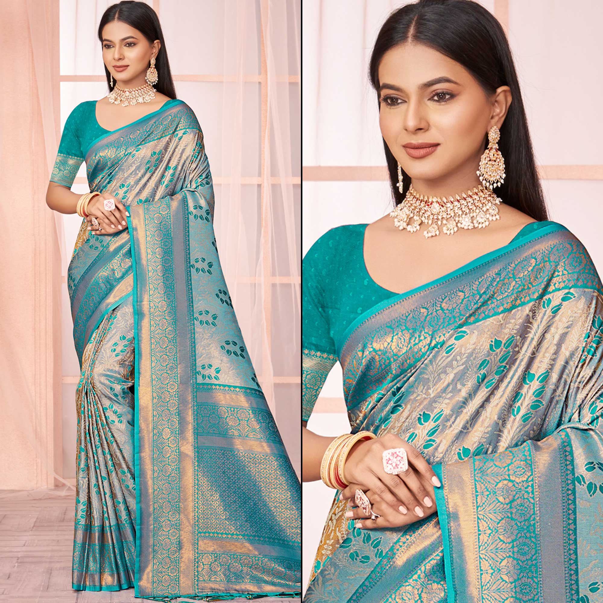 Turquoise Floral Woven Kanjivaram Silk Saree With Tassels