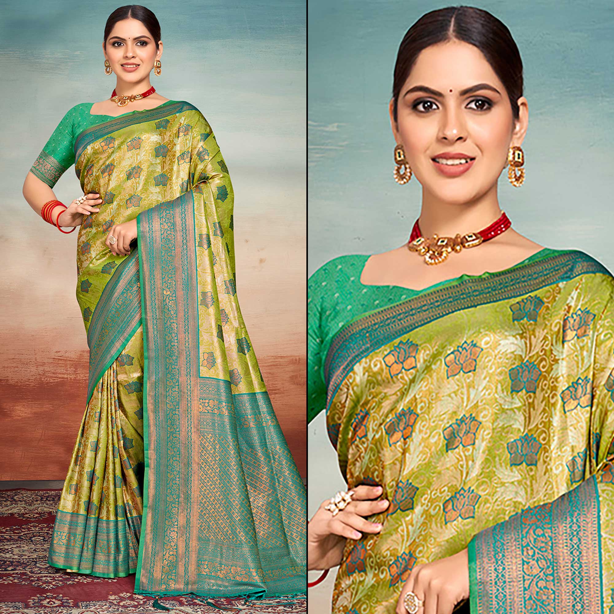 Green Floral Woven Kanjivaram Silk Saree With Tassels
