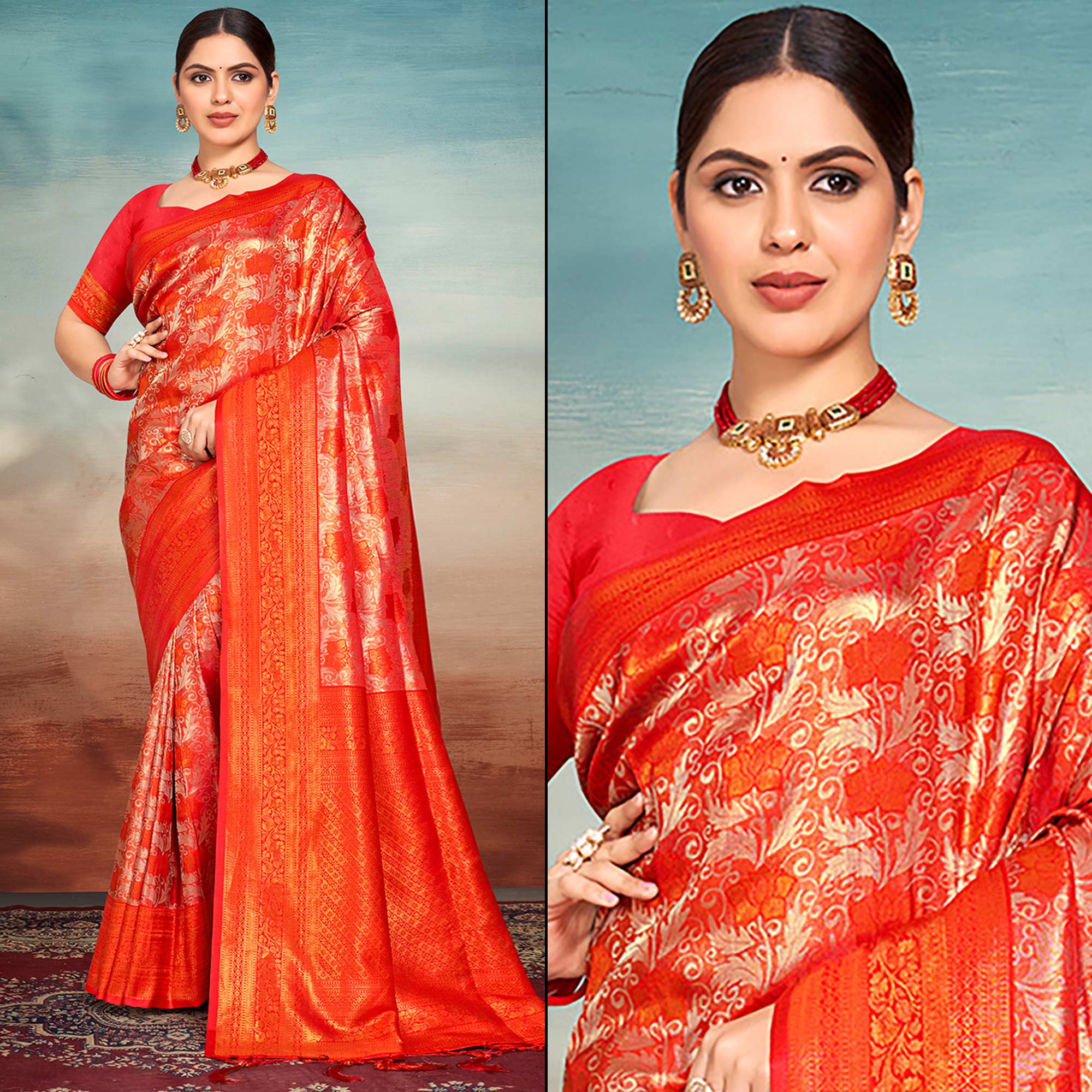 Red Floral Woven Kanjivaram Silk Saree With Tassels