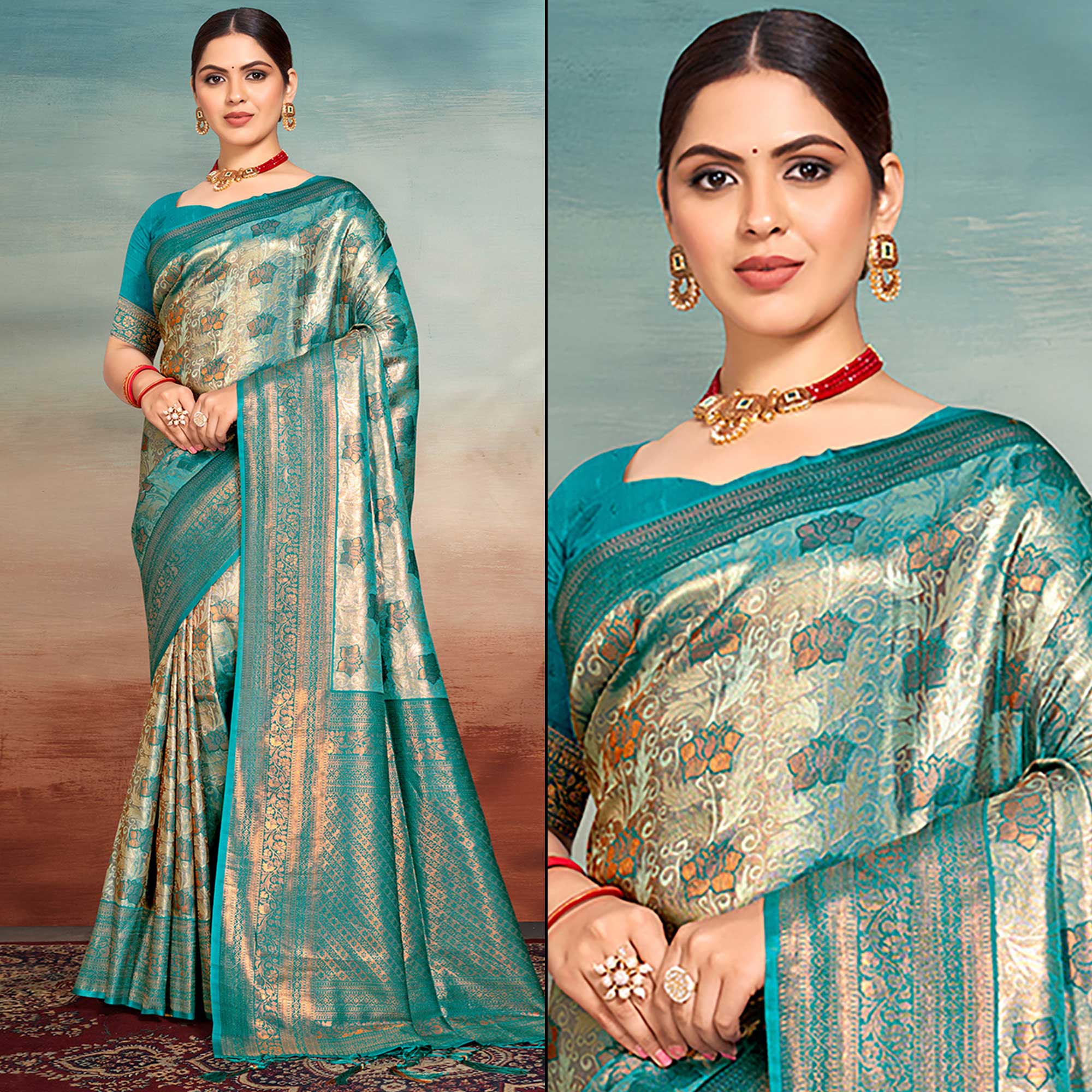 Turquoise Floral Woven Kanjivaram Silk Saree With Tassels
