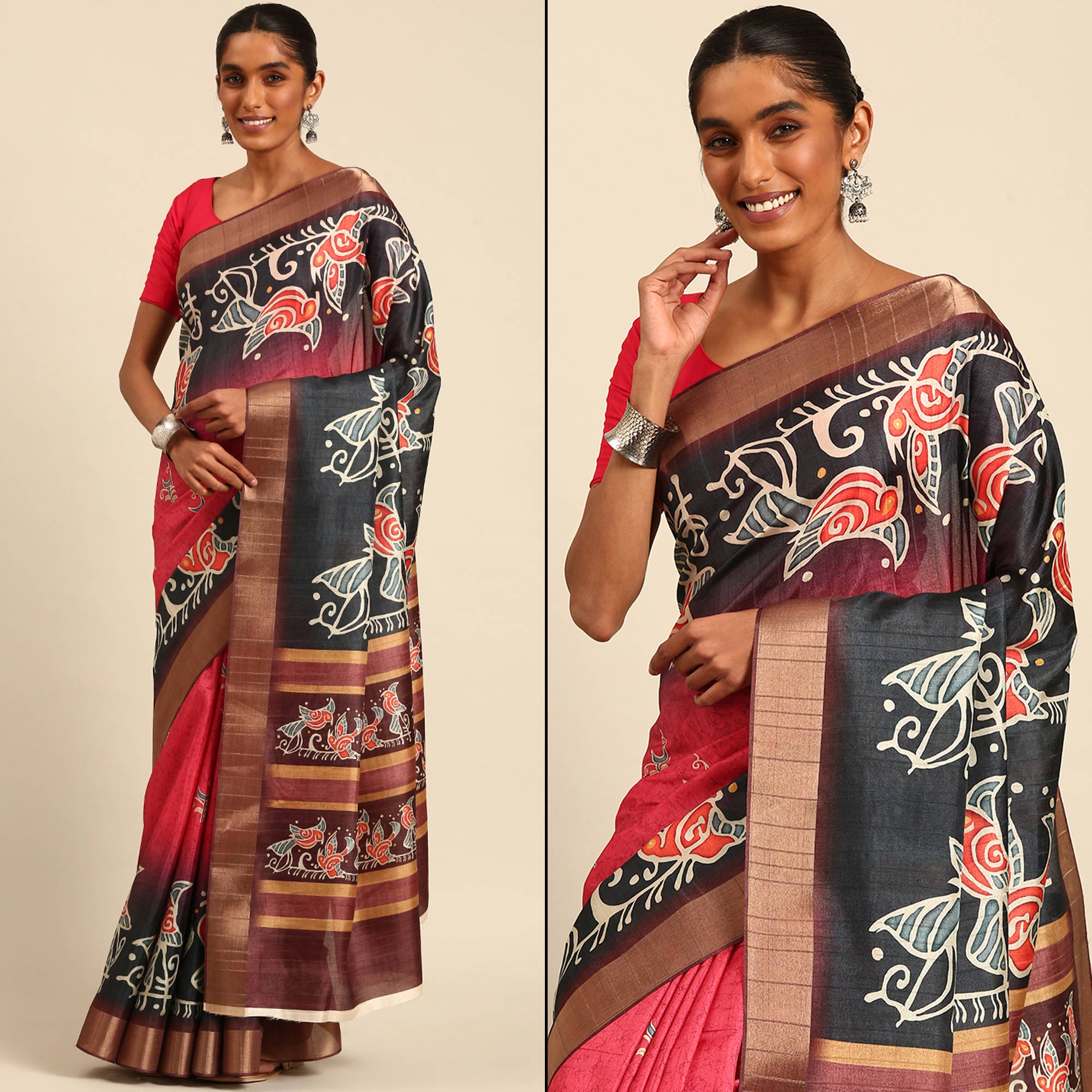 Pink & Black Digital Printed Cotton Blend Saree With Woven Border