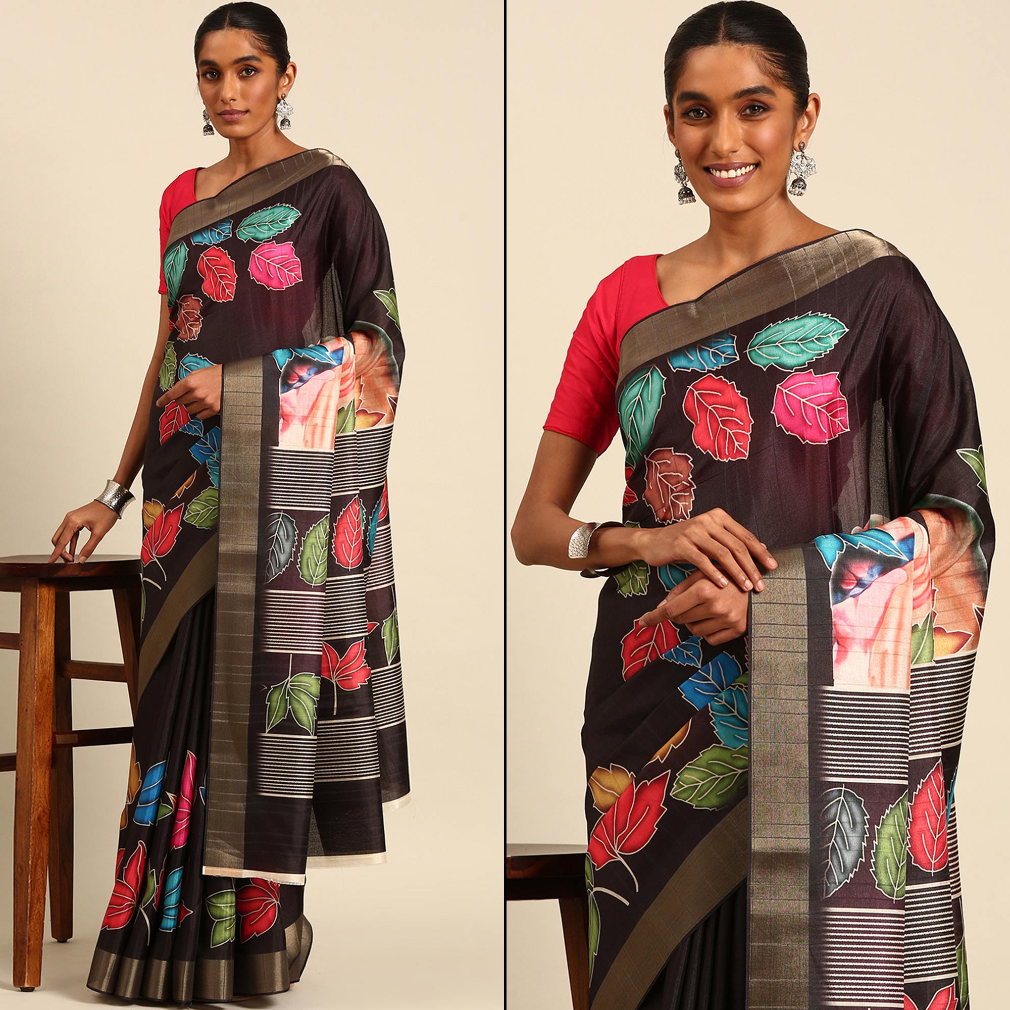 Black Digital Printed Cotton Blend Saree With Woven Border