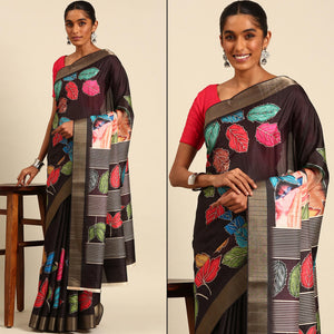 Black Digital Printed Cotton Blend Saree With Woven Border